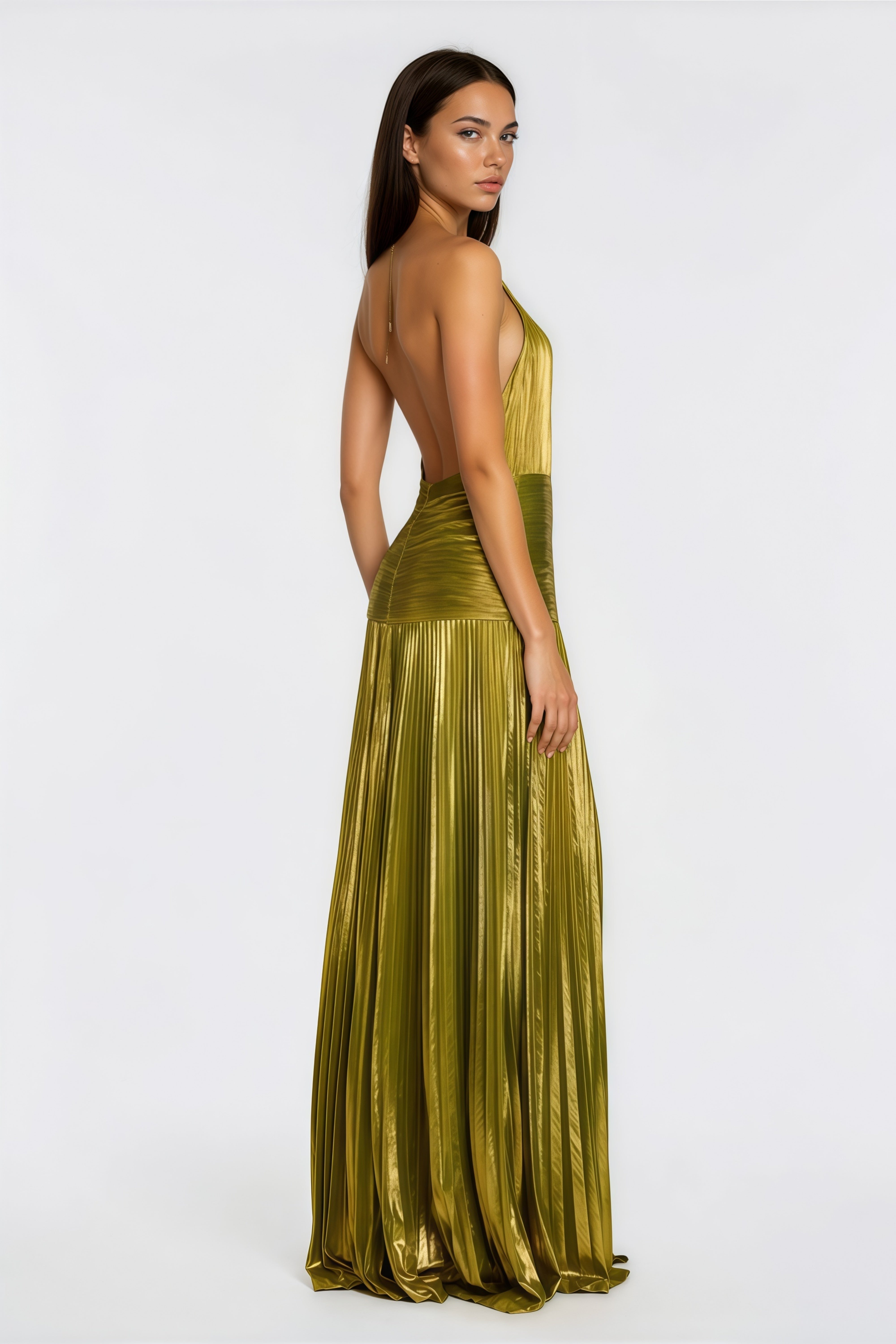 Alchimie Gold – Glänzendes, plissiertes Maxikleid