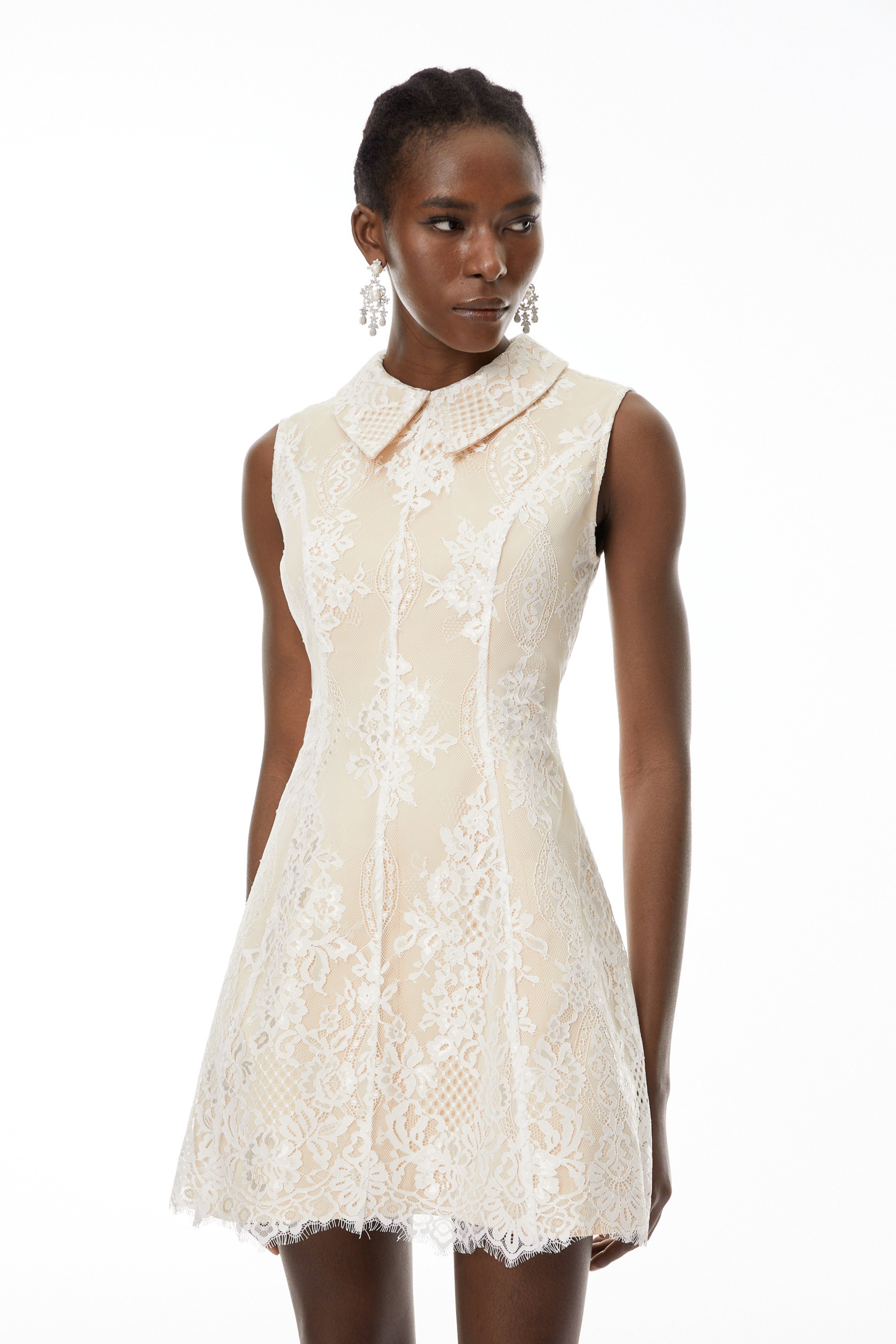 Aleksandra White Sleeveless Floral Lace Mini Dress