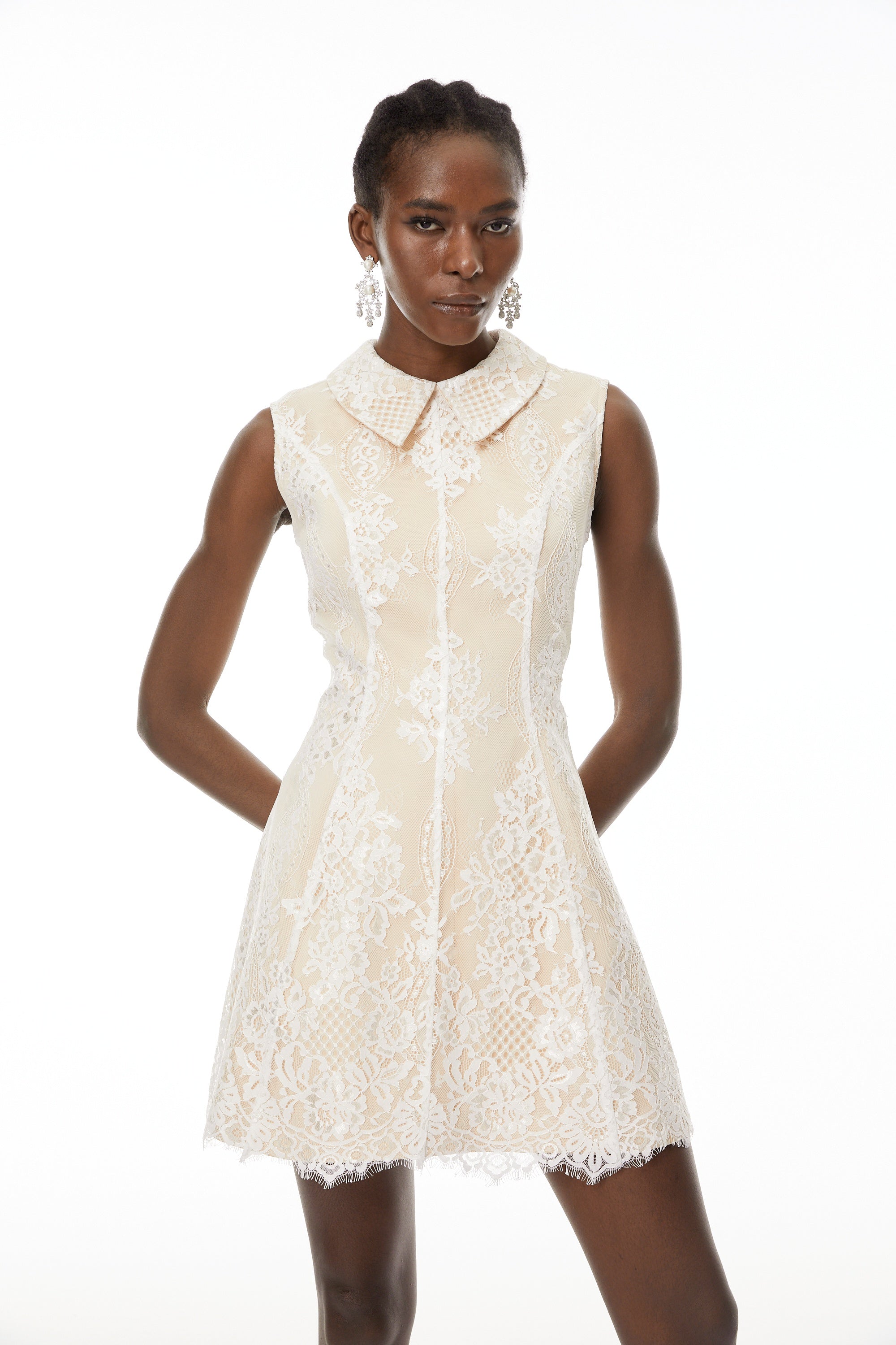 Aleksandra White Sleeveless Floral Lace Mini Dress