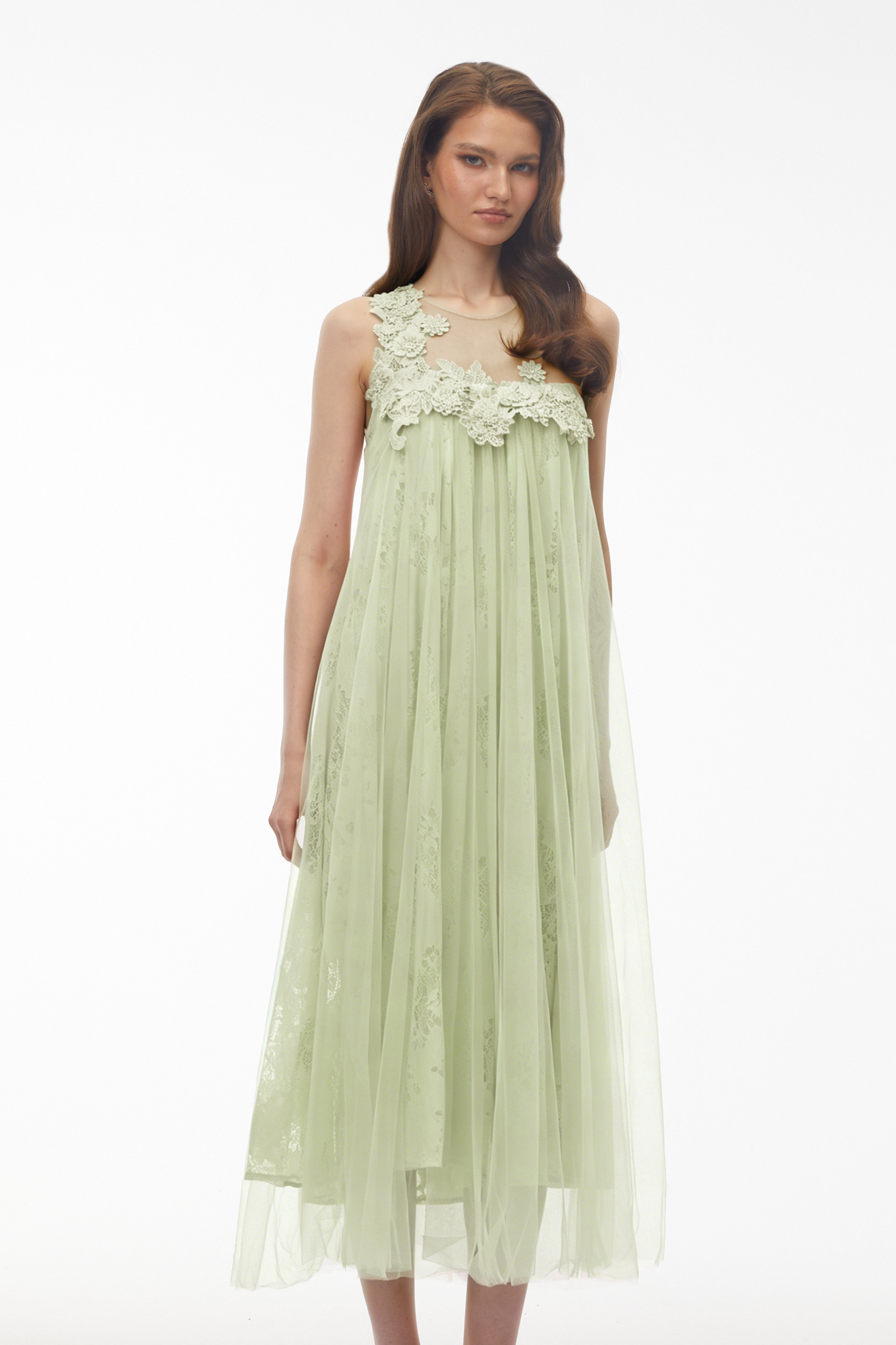 Alice Mint green Floral Embroidered Midi Dress