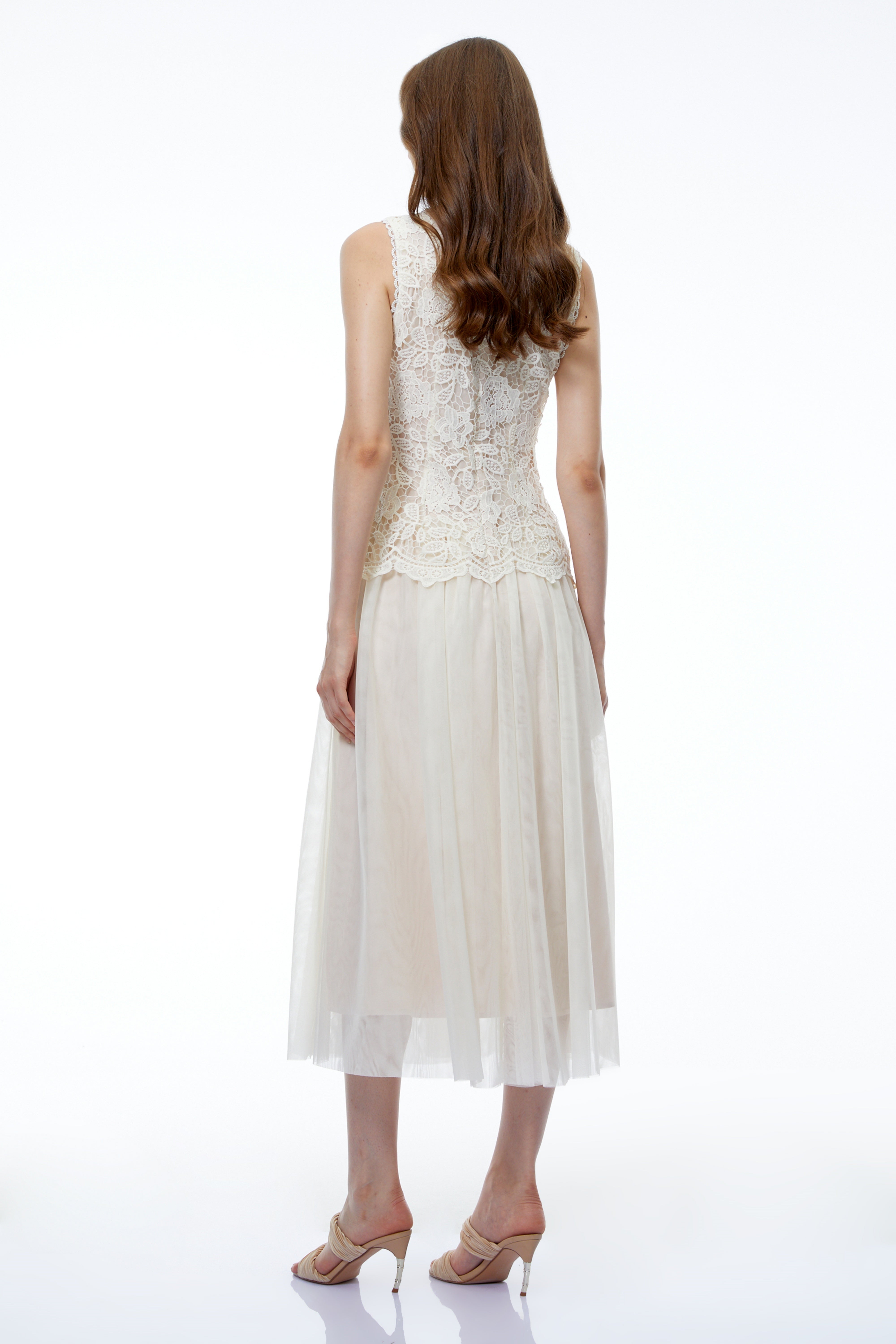 Alice Neutral Floral Applique Lace Midi Dress
