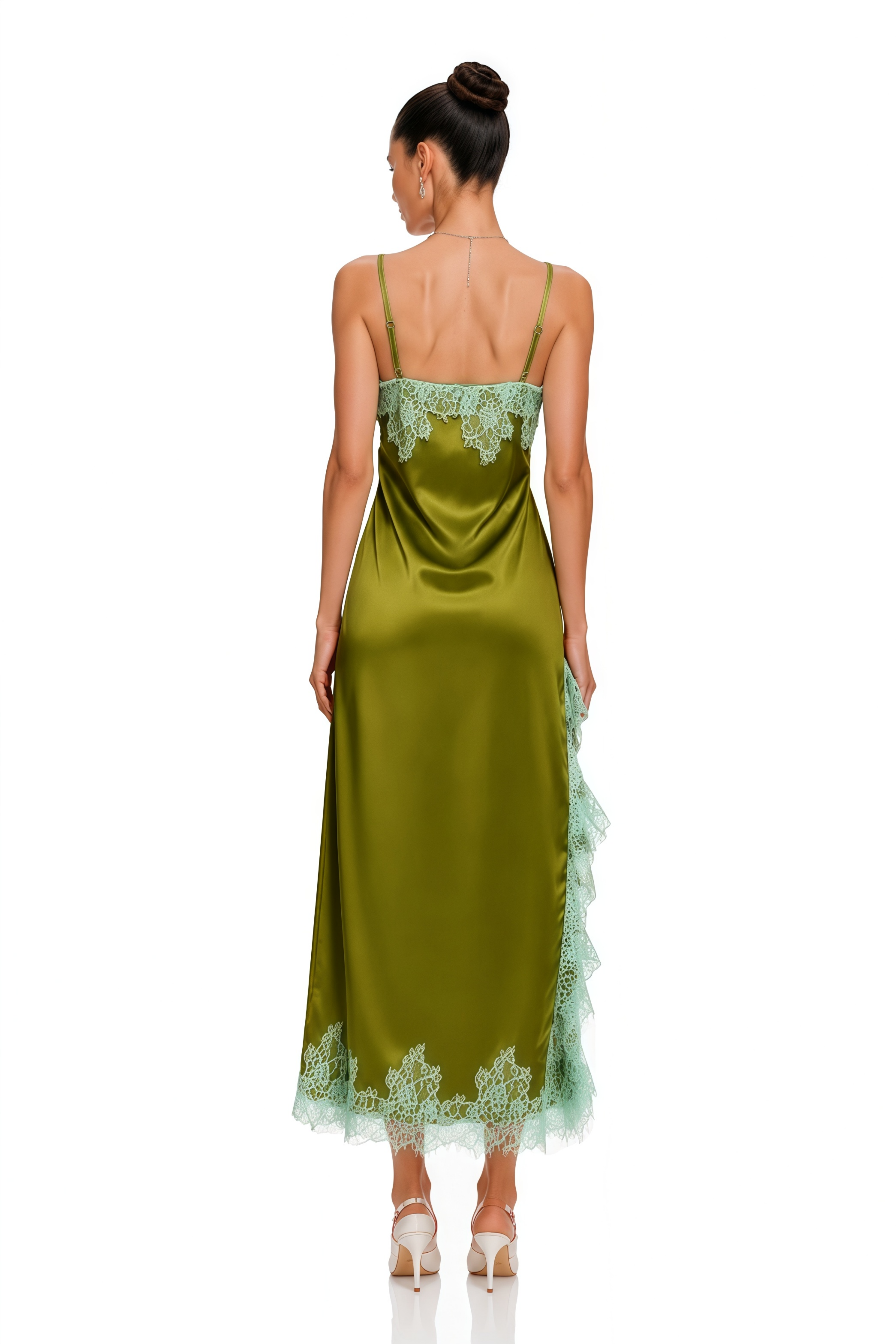 Alina Olive Green Satin Maxi Dress with Lace Trim