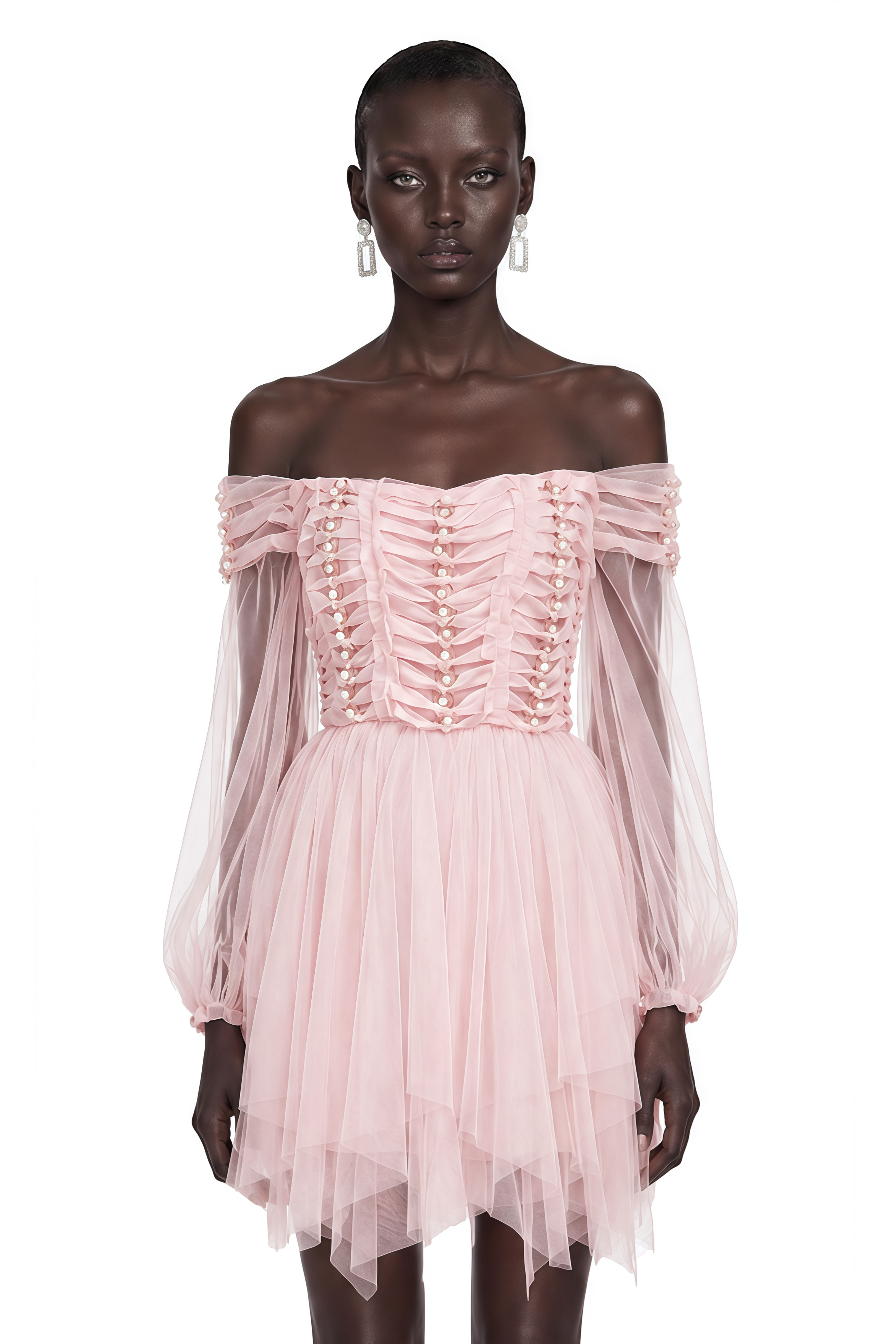 Mini-robe asymétrique rose poudré à volants et perles Alma