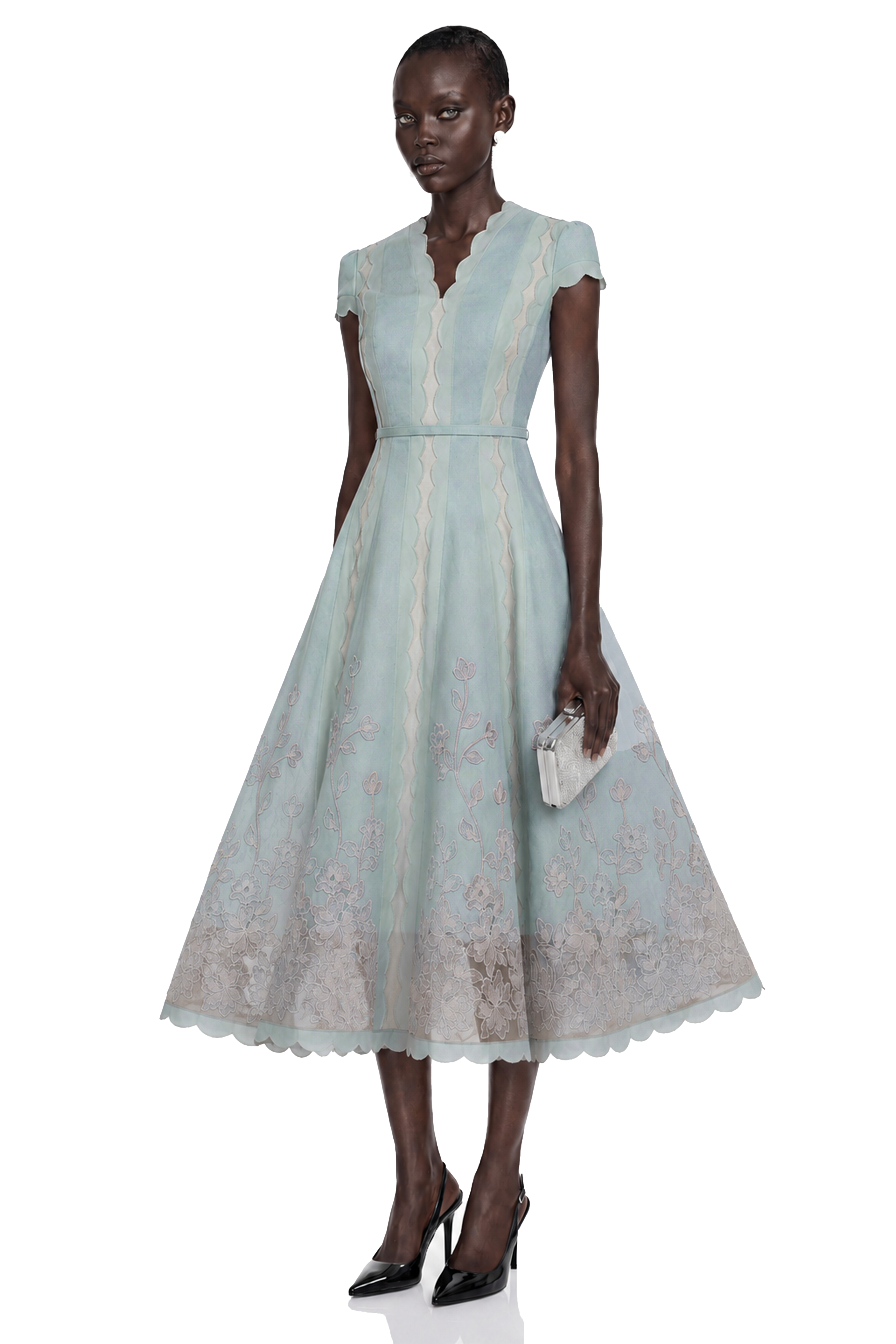 Amália Blue Scalloped Floral Embroidered Midi Dress