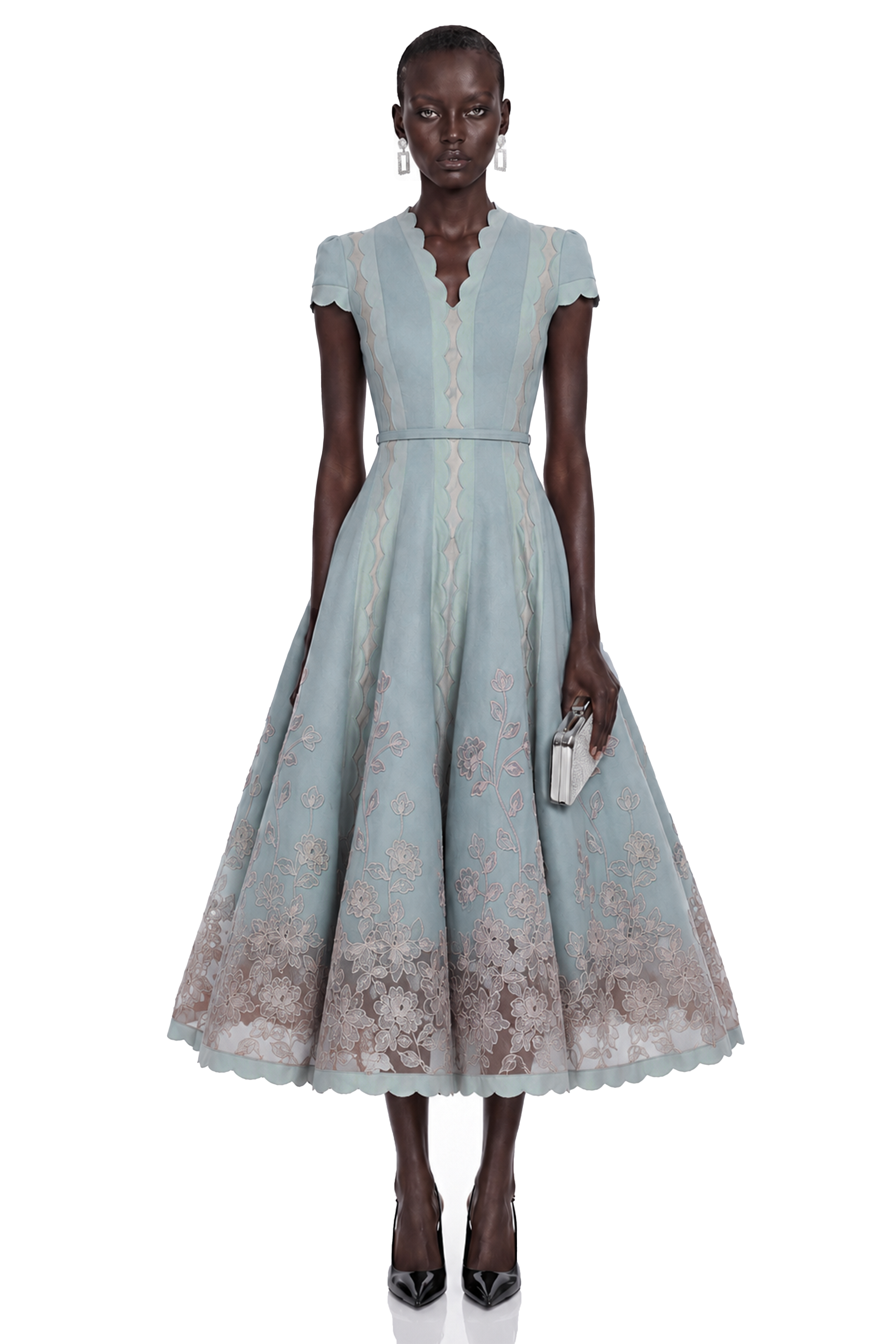 Amália Blue Scalloped Floral Embroidered Midi Dress