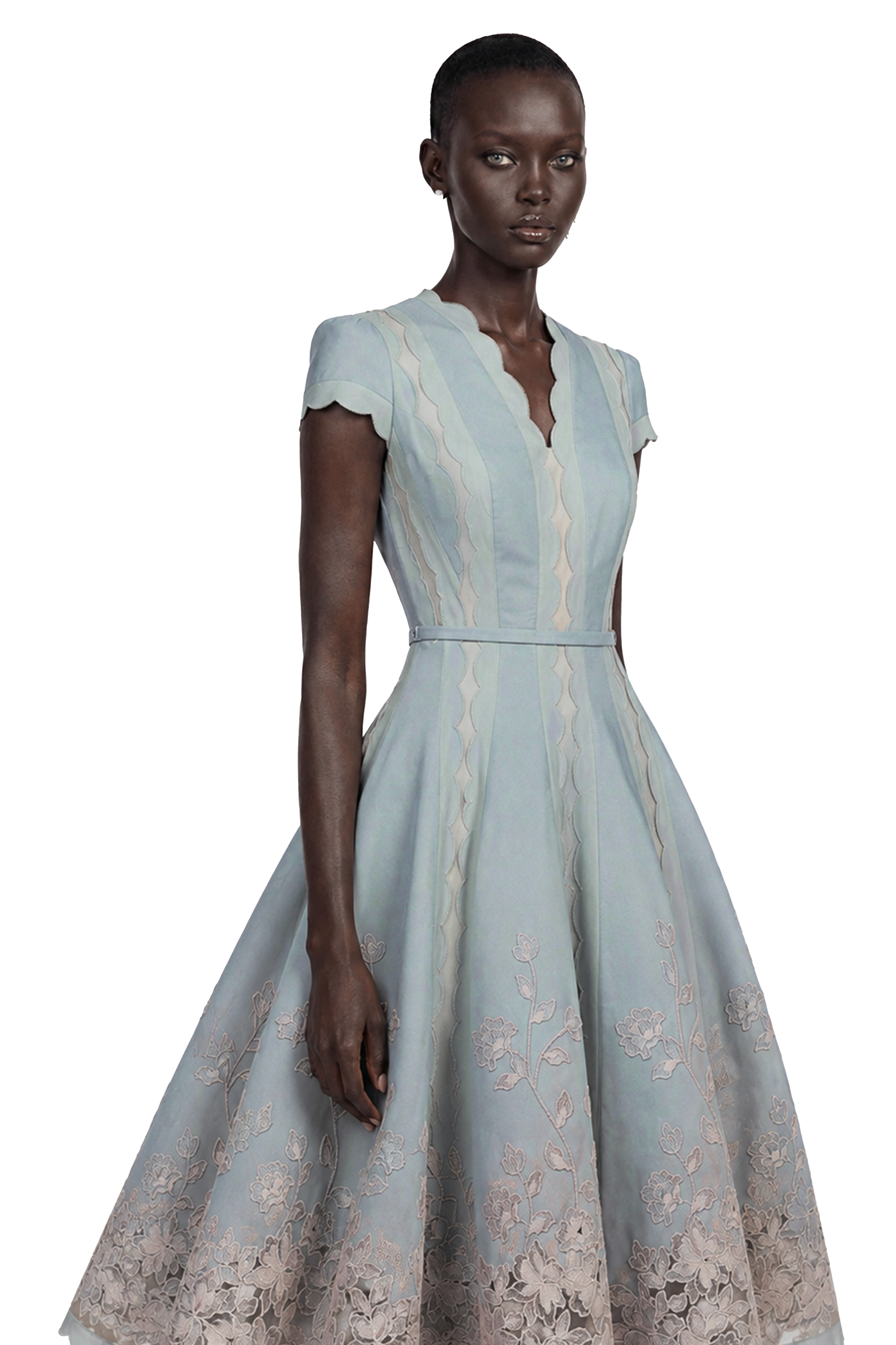 Amália Blue Scalloped Floral Embroidered Midi Dress
