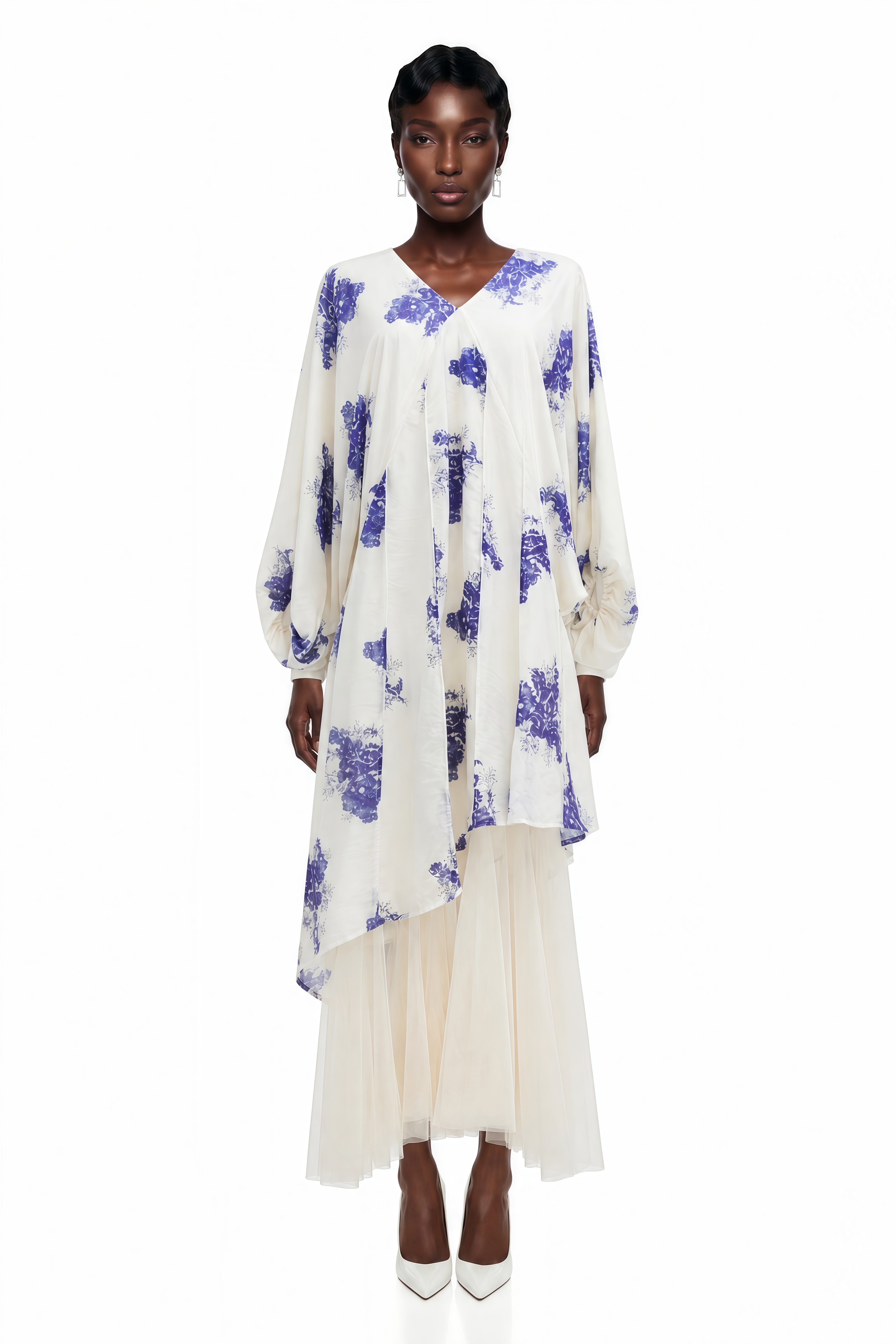 Amara White Floral Print Asymmetrical Maxi Dress