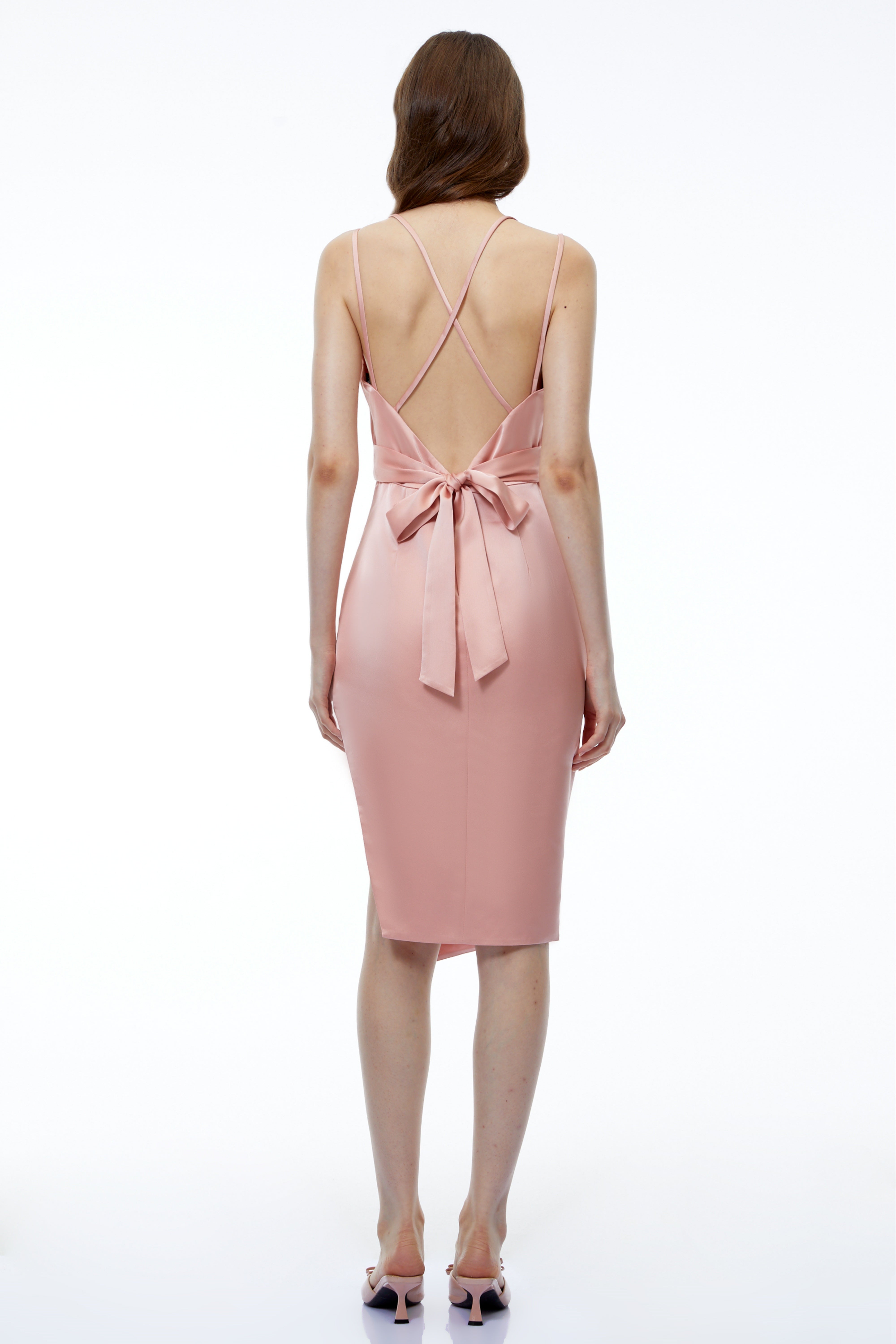Robe mi-longue asymétrique à volants rose Amedea