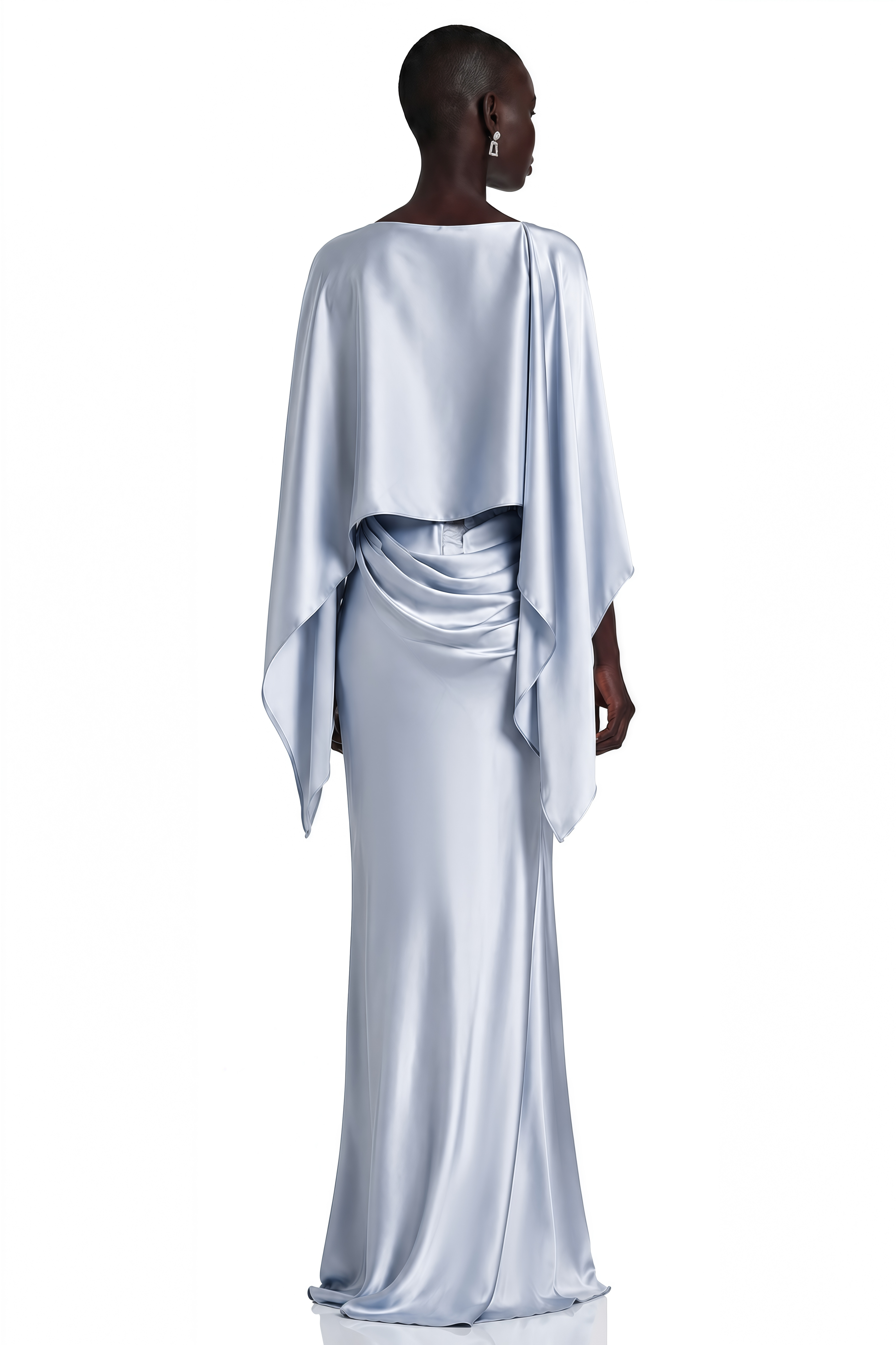 Light blue satin maxi dress with a draped cape overlay and lace corset waistband