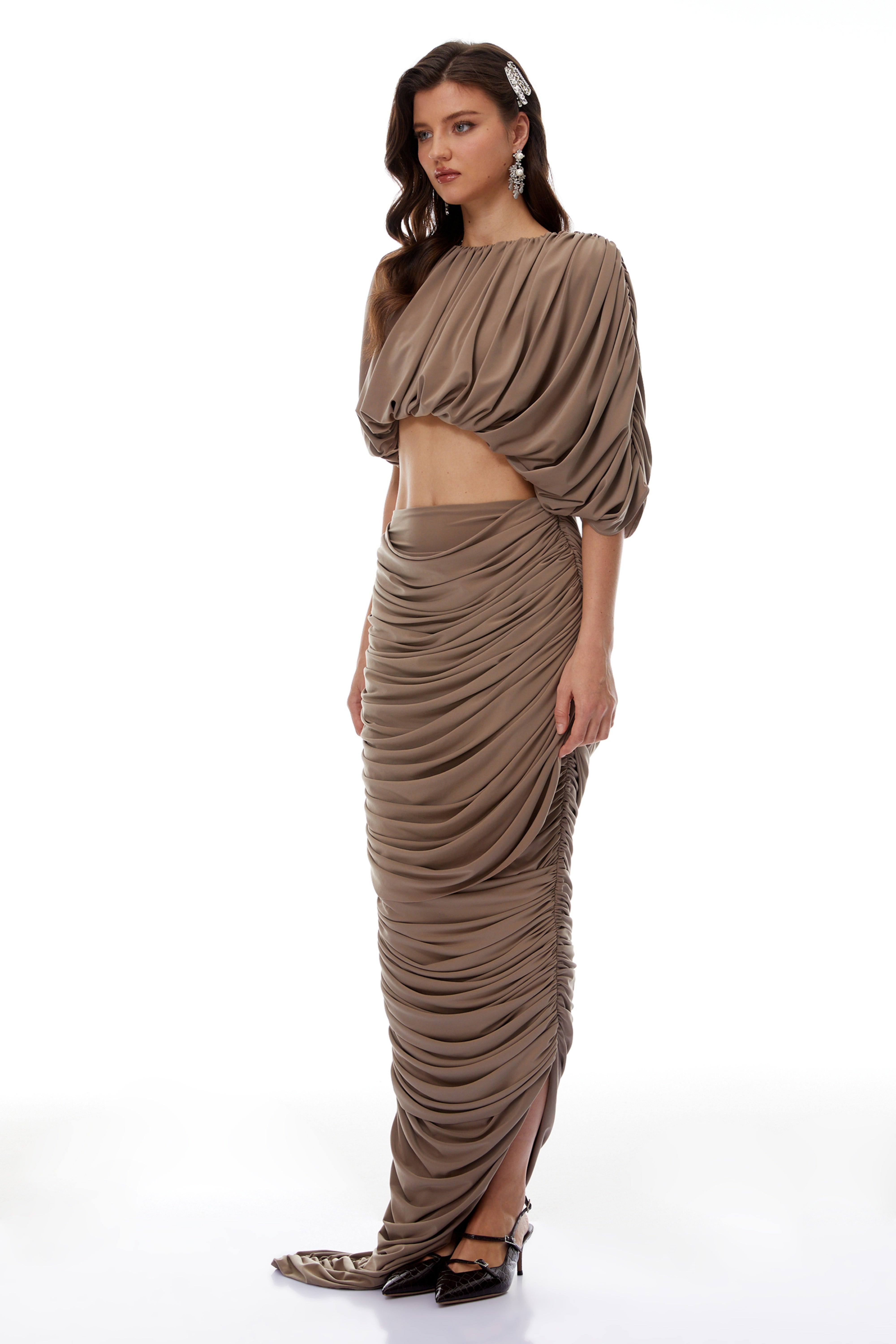 Amelia Brown Ruched Top & Skirt Co-ord Set