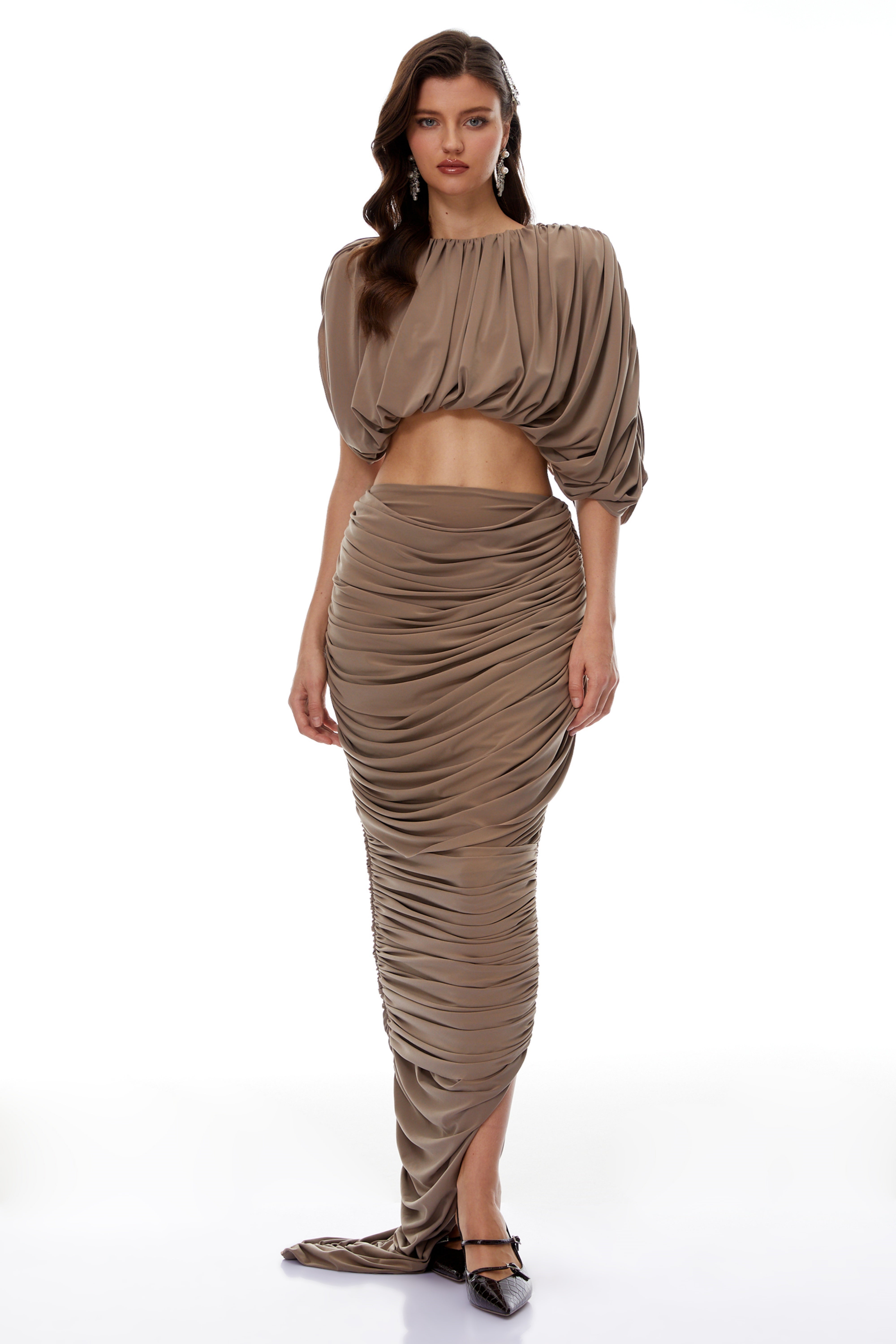 Amelia Brown Ruched Top & Skirt Co-ord Set