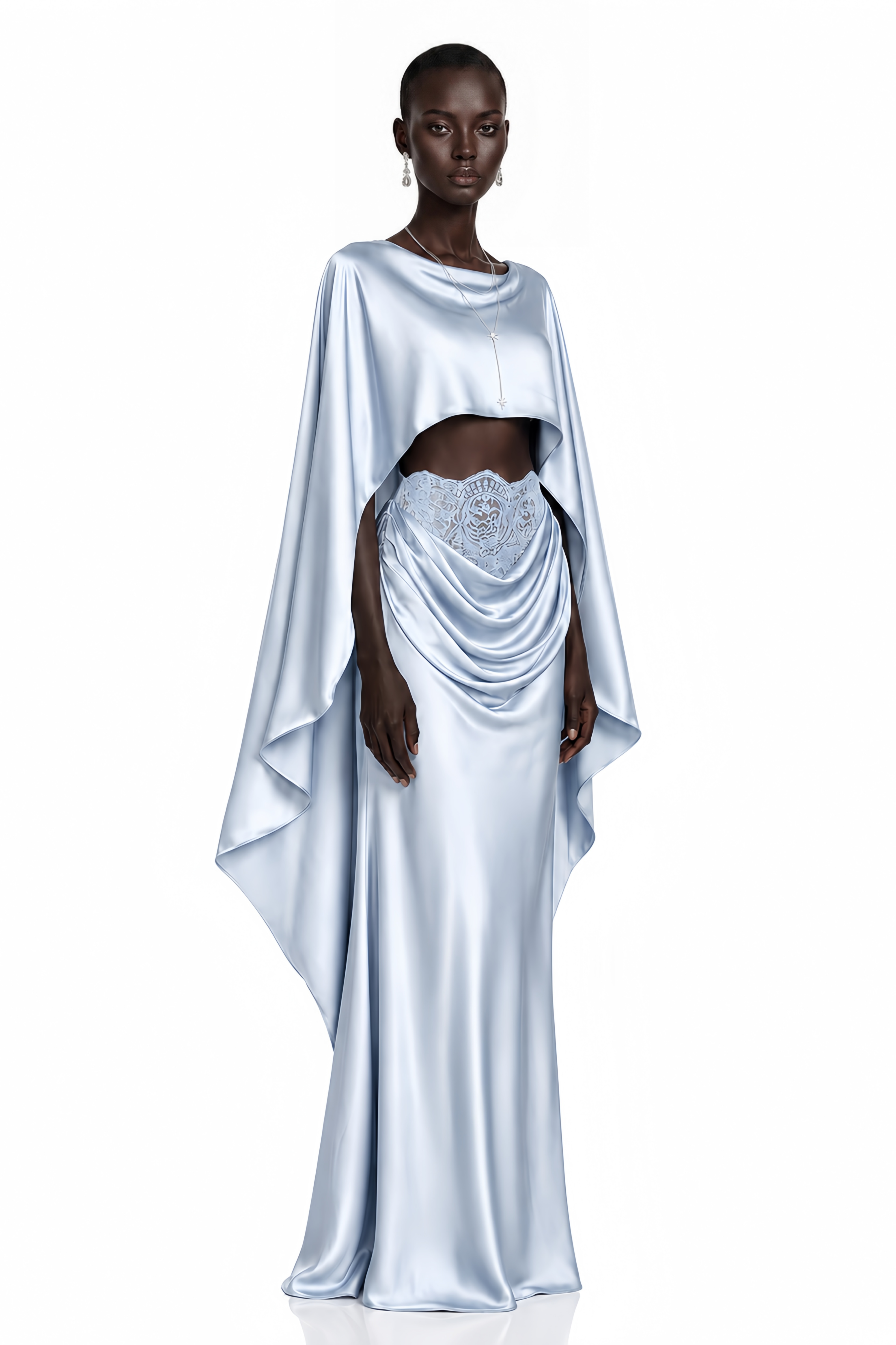Light blue satin maxi dress with a draped cape overlay and lace corset waistband