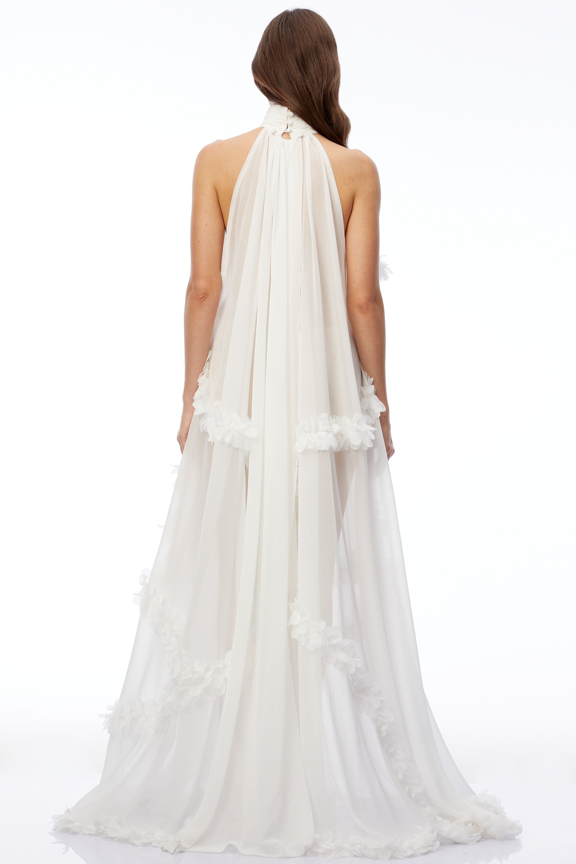 Anahere White Turtleneck Maxi Dress with Slit and 3D Florals