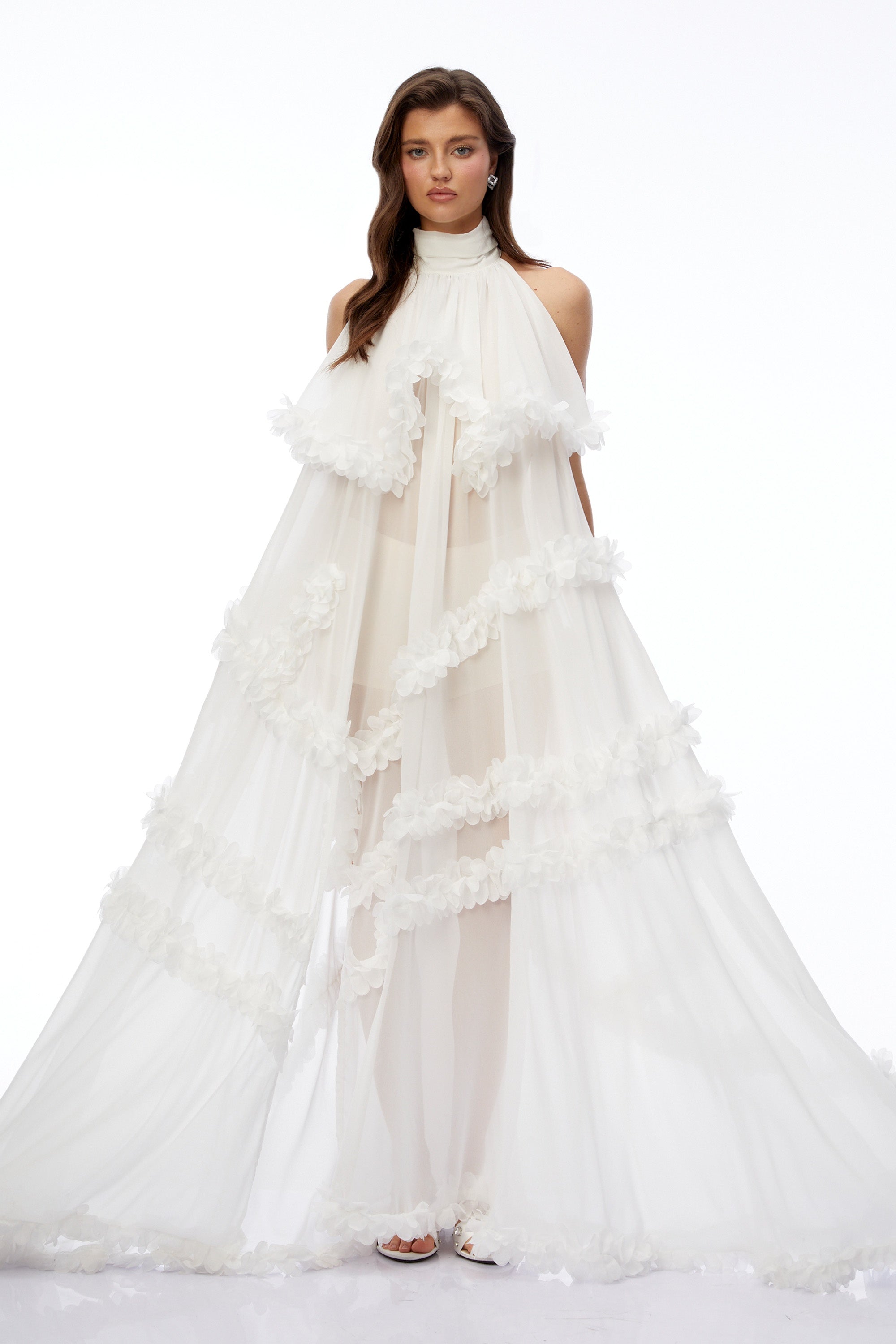 Anahere White Turtleneck Maxi Dress with Slit and 3D Florals