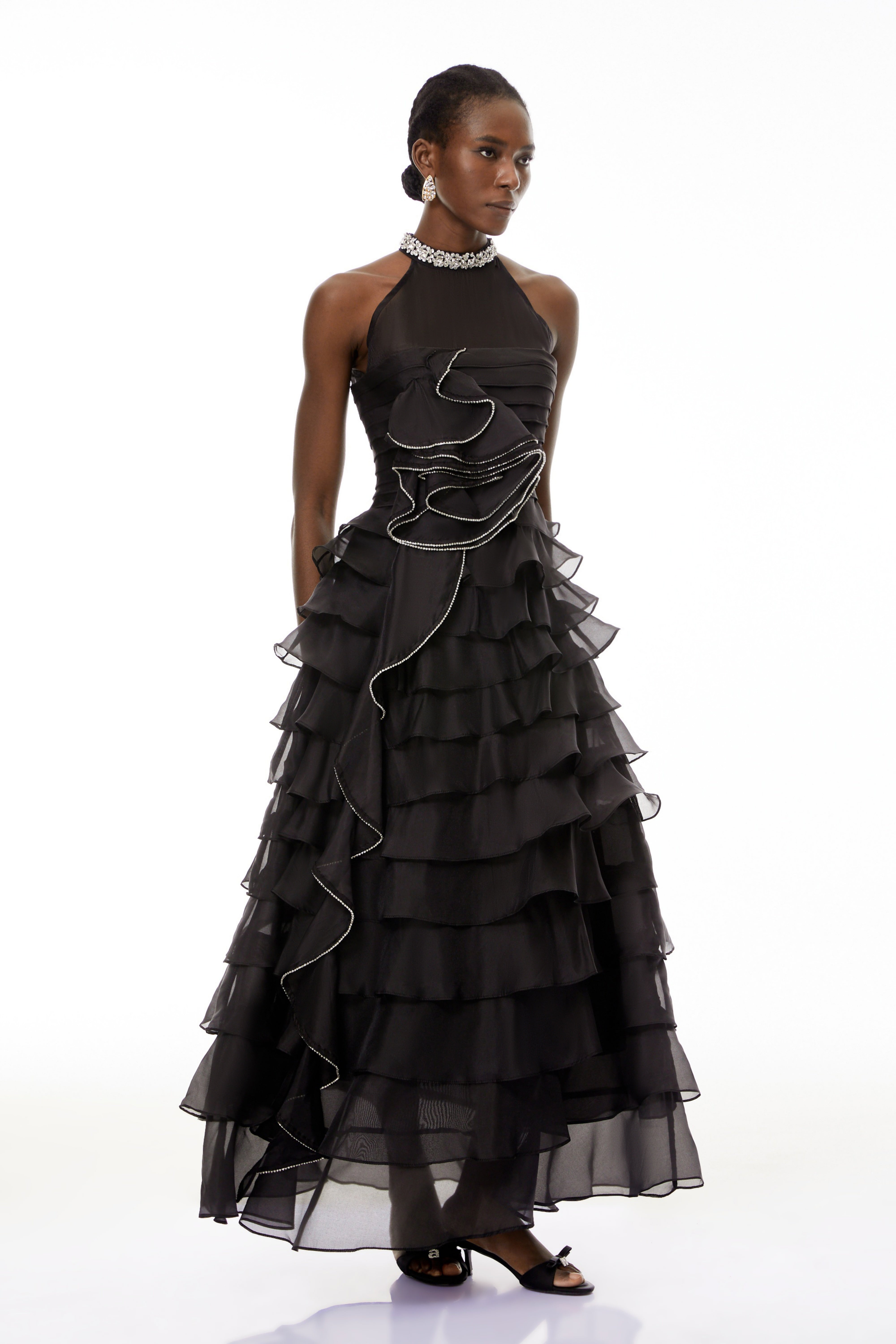 Anathi Black 3D Petal Ruffled Maxi Dress