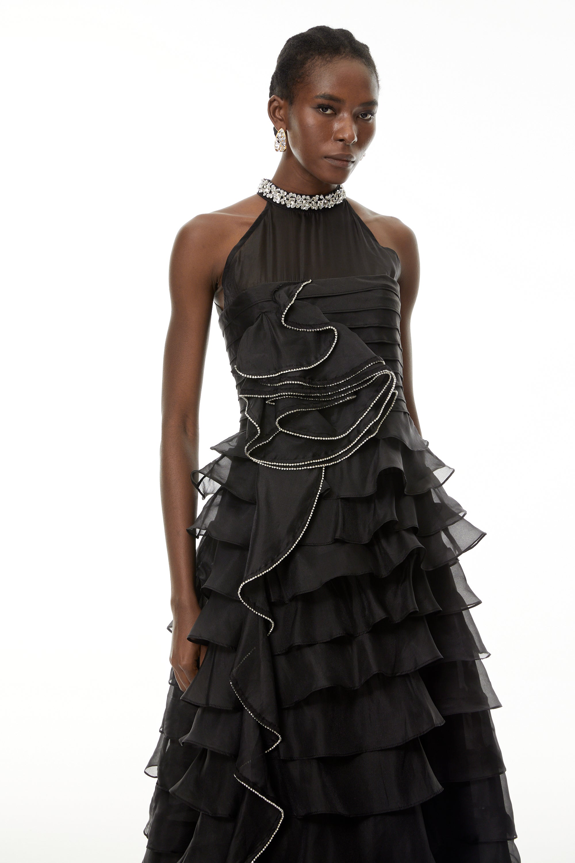Anathi Black 3D Petal Ruffled Maxi Dress