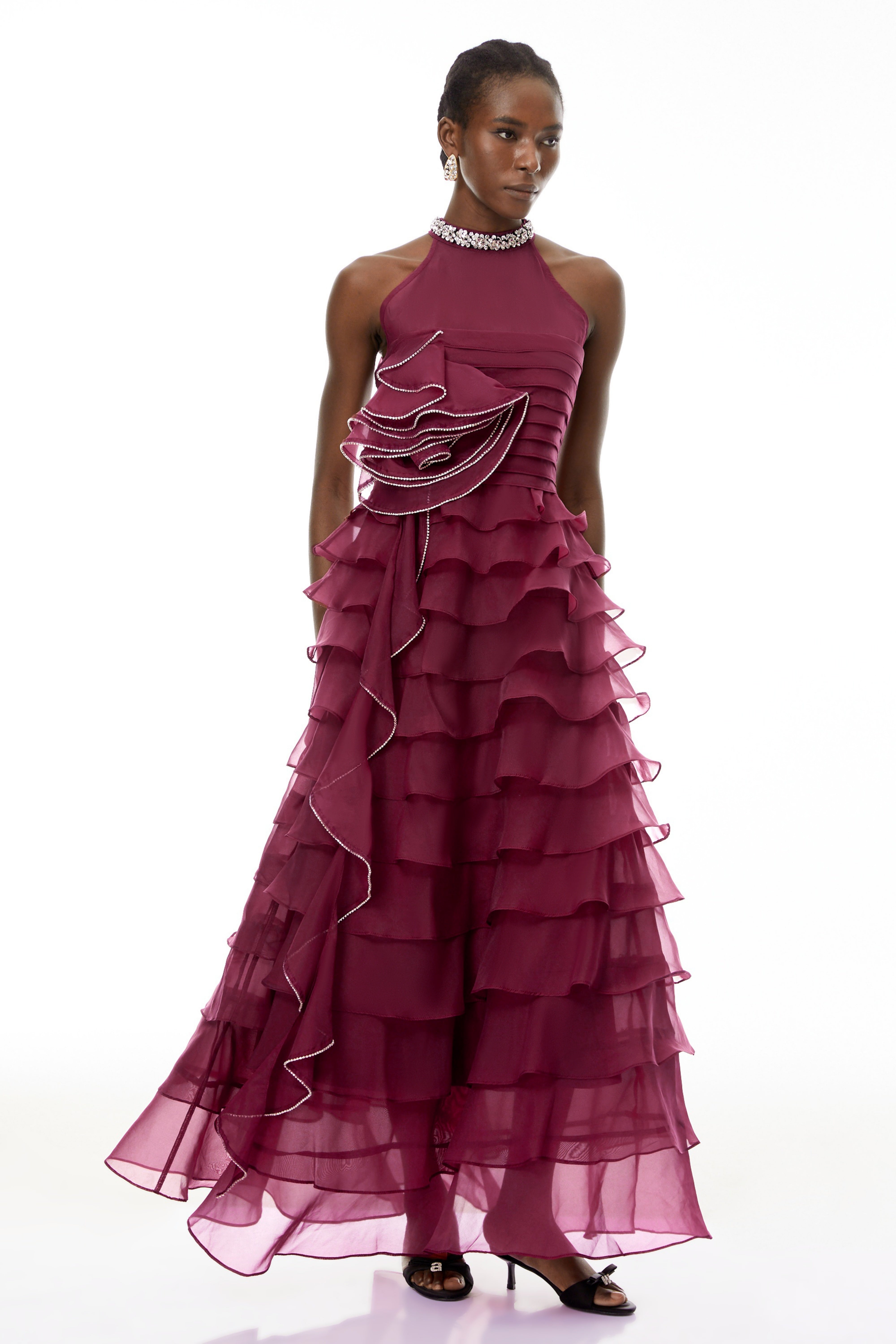 Anathi Red 3D Petal Ruffled Maxi Dress