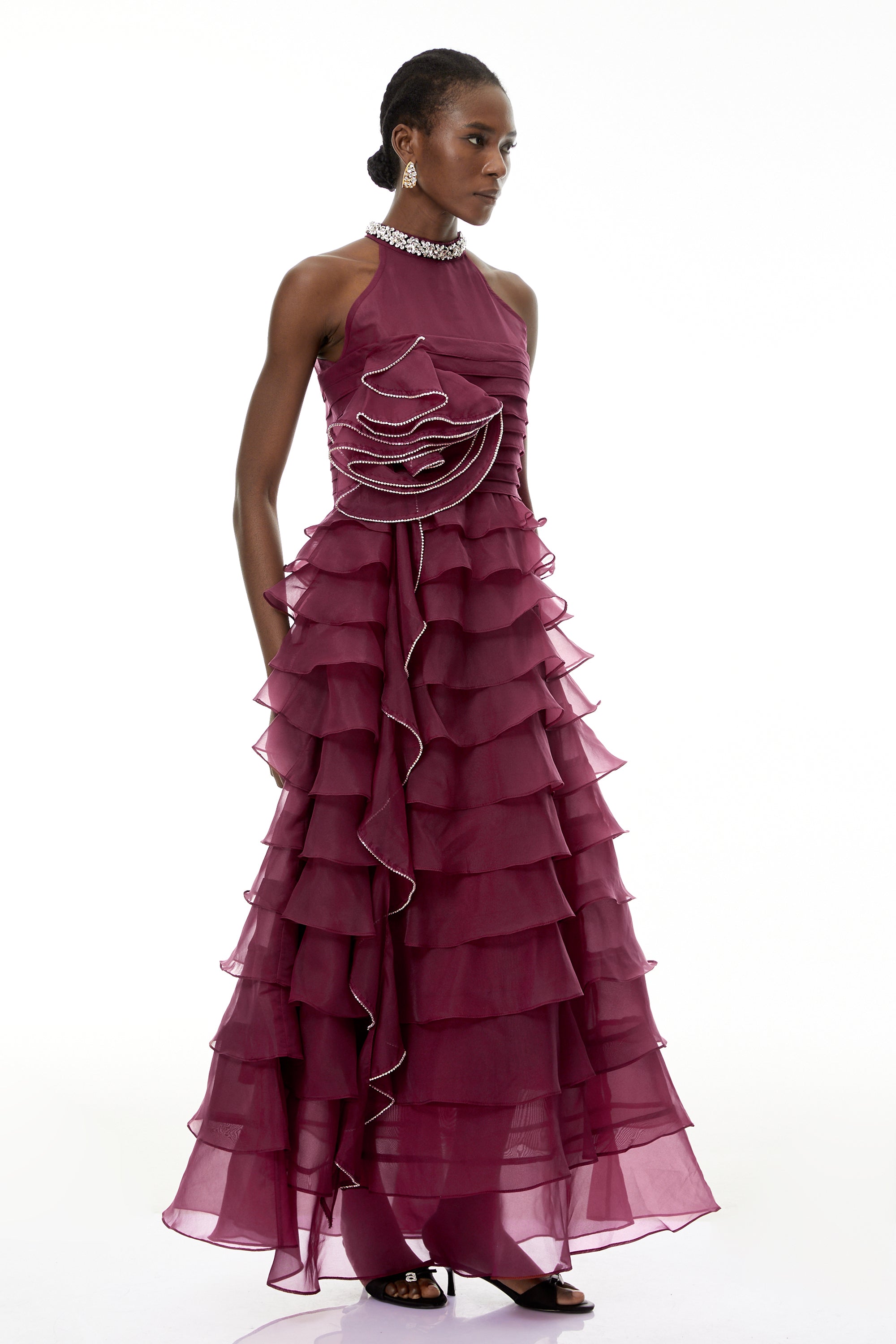 Anathi Red 3D Petal Ruffled Maxi Dress