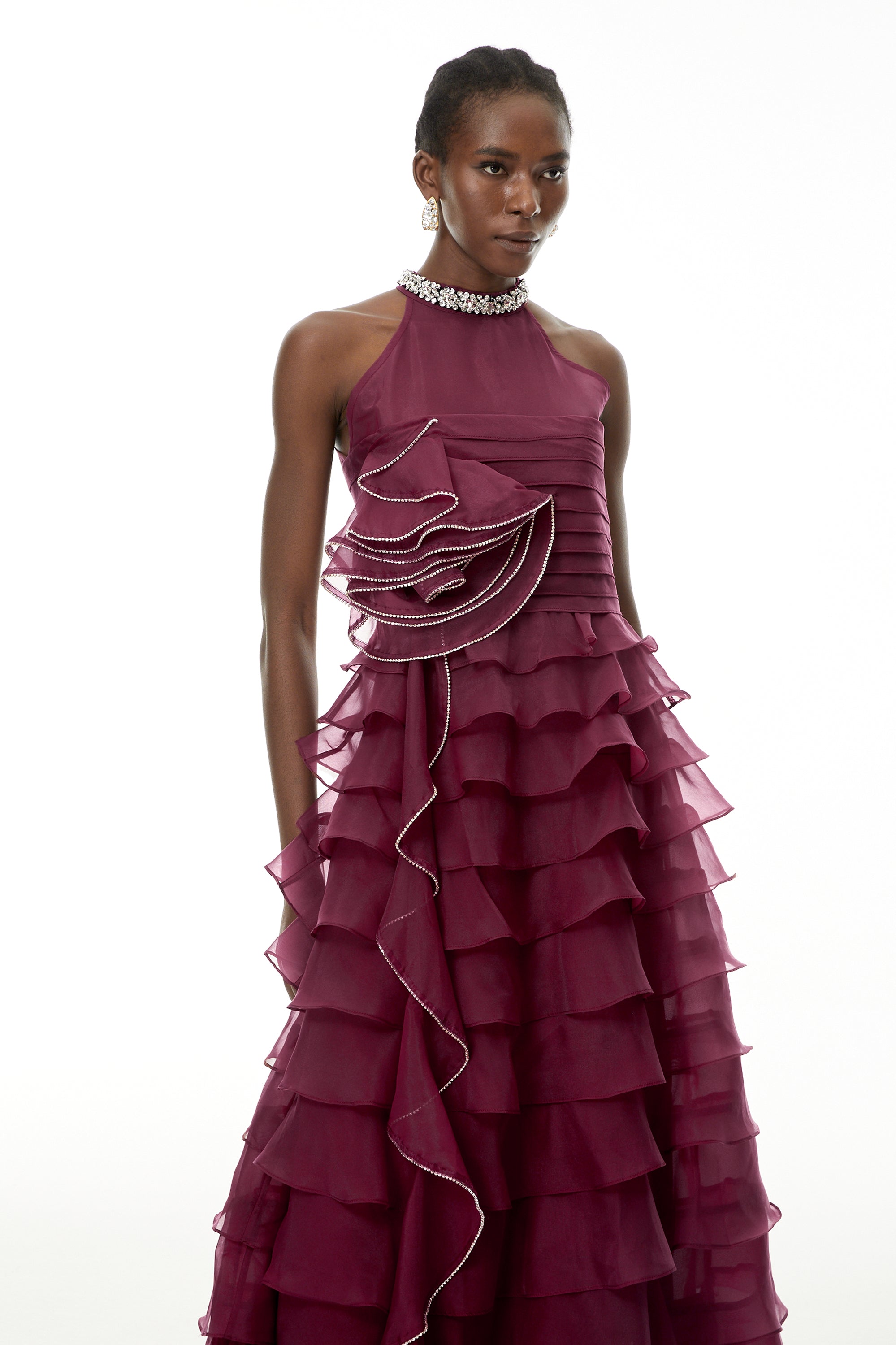 Anathi Red 3D Petal Ruffled Maxi Dress