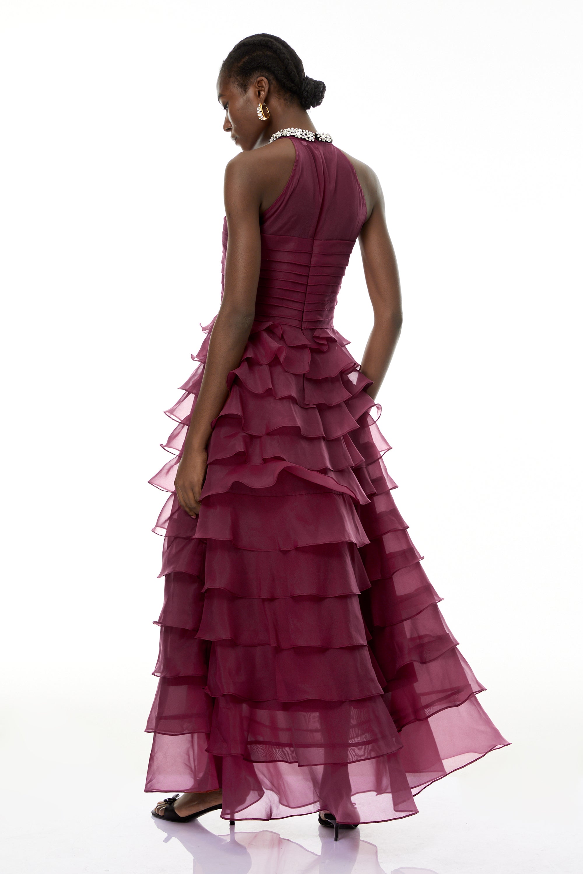 Anathi Red 3D Petal Ruffled Maxi Dress