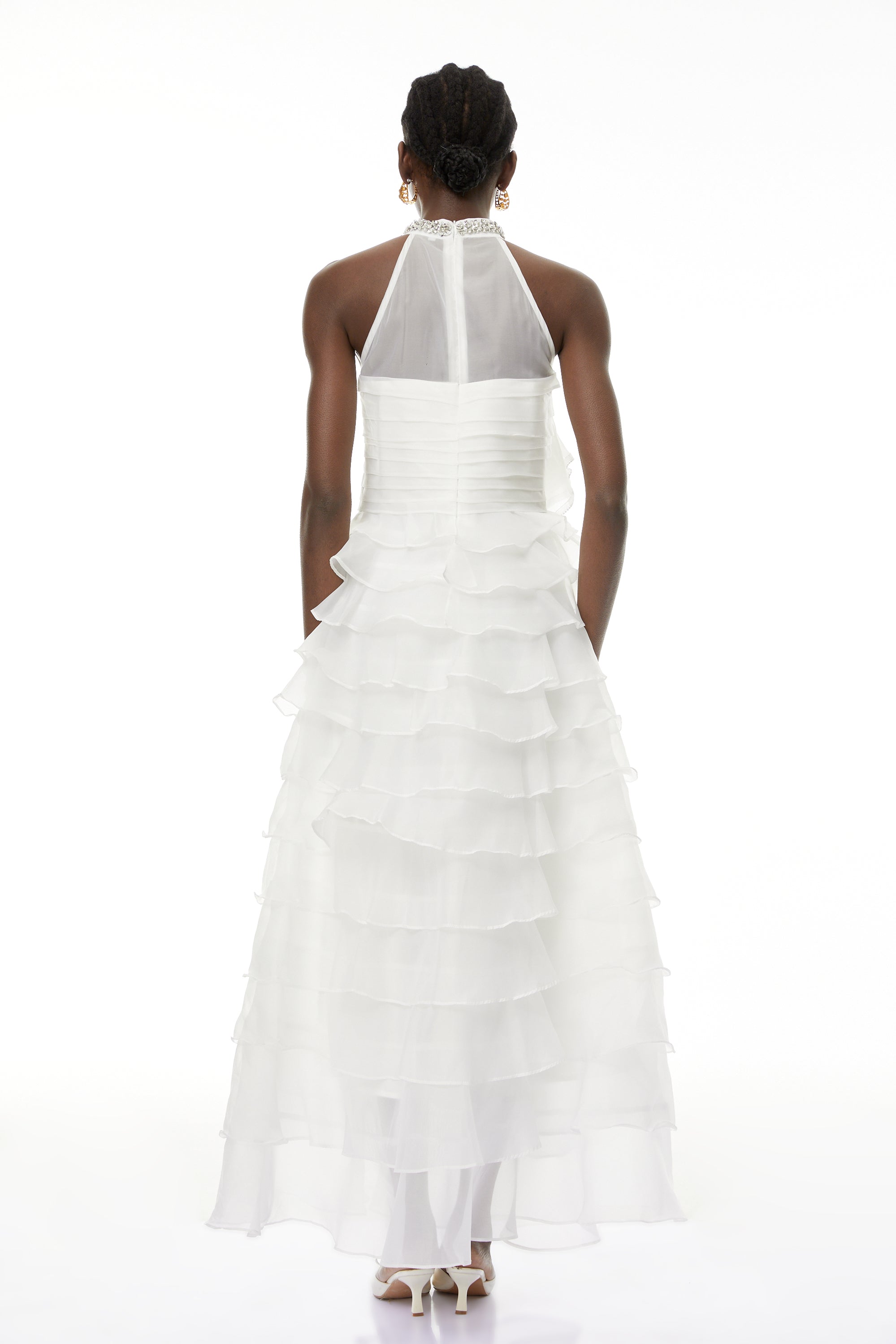 Anathi White 3D Petal Ruffled Maxi Dress
