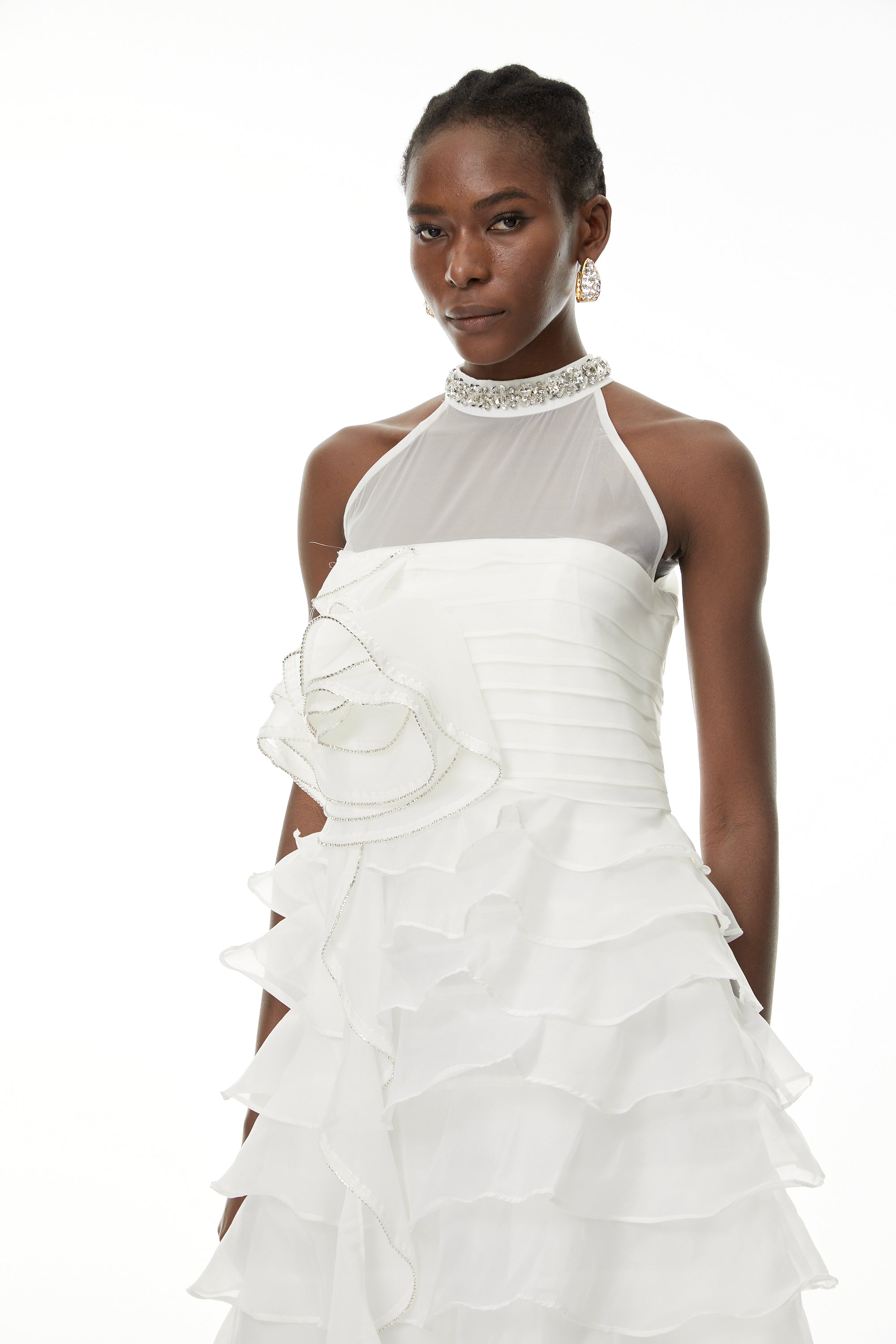 Anathi White 3D Petal Ruffled Maxi Dress