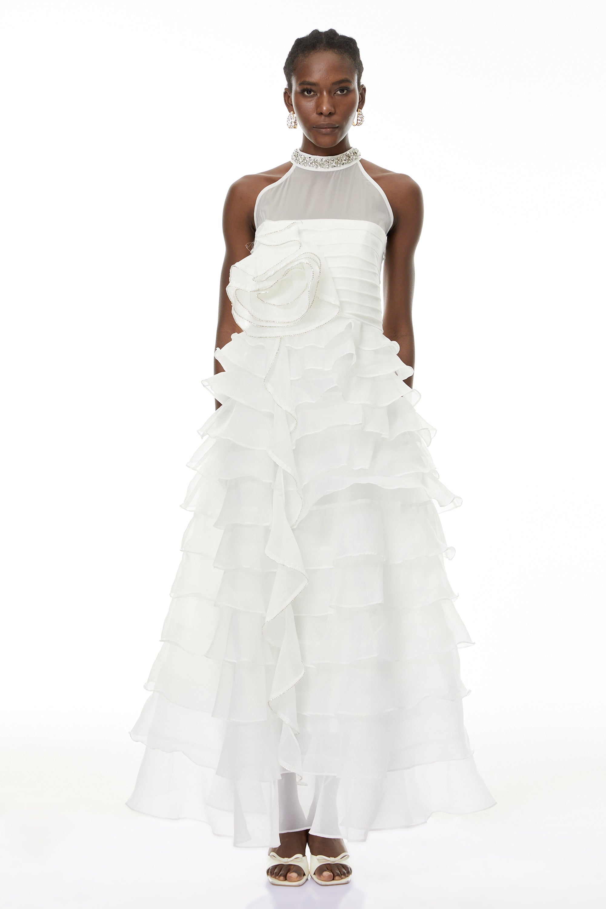 Anathi White 3D Petal Ruffled Maxi Dress