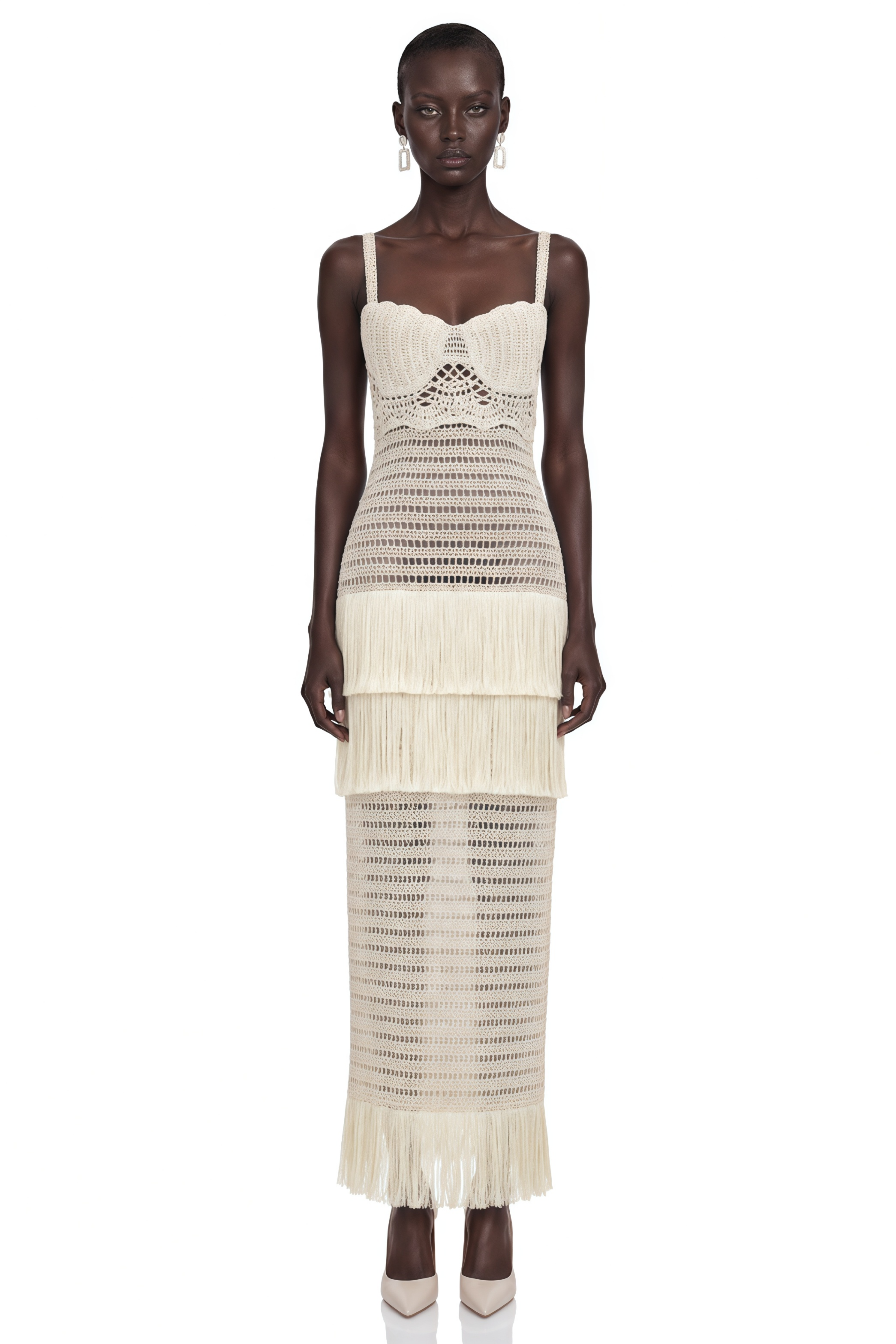 Ani White Cut-Out Knit Maxi Dress with Fringe