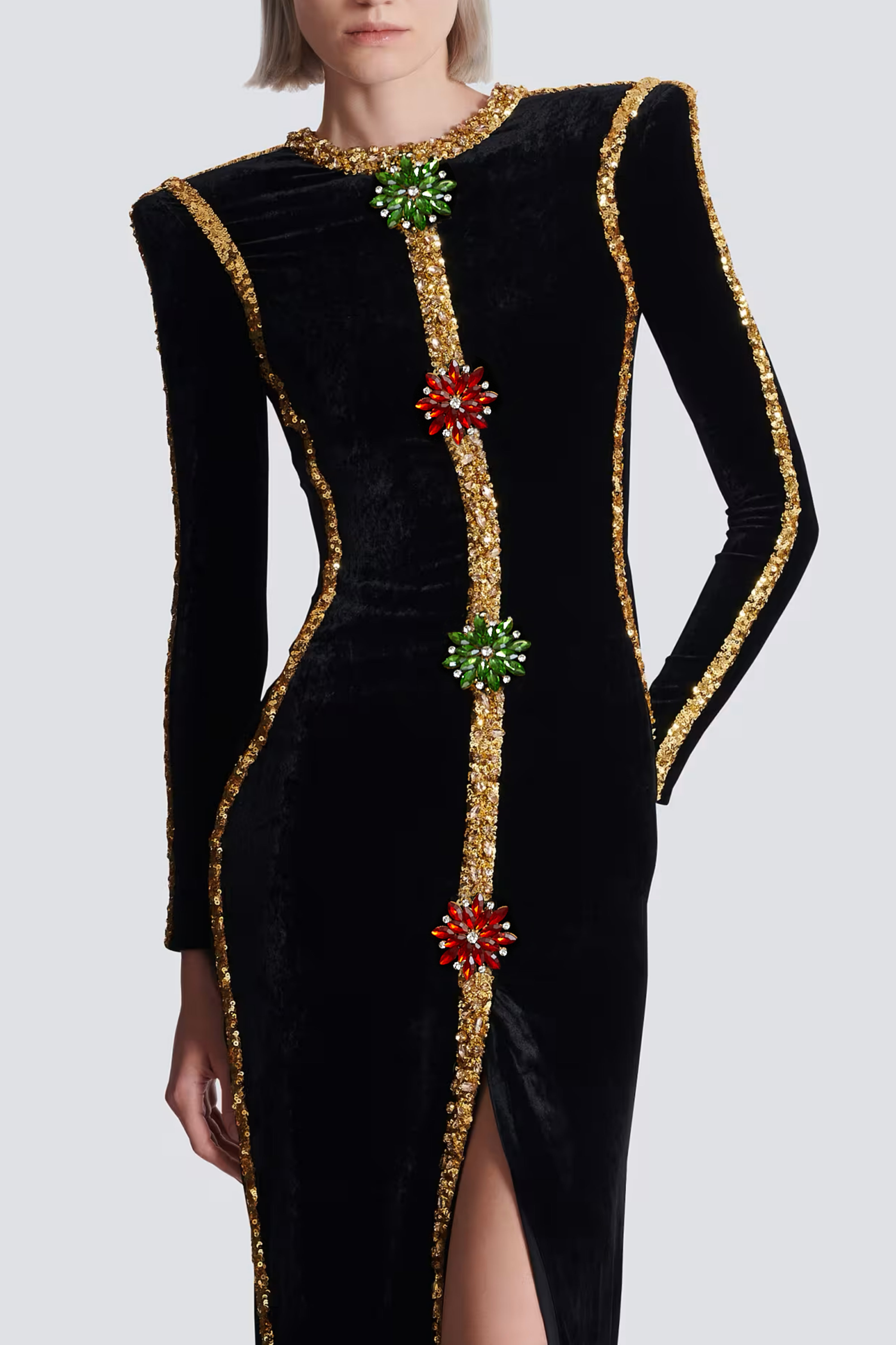 Anna Black Crystal Embellished Front Slit Maxi Dress