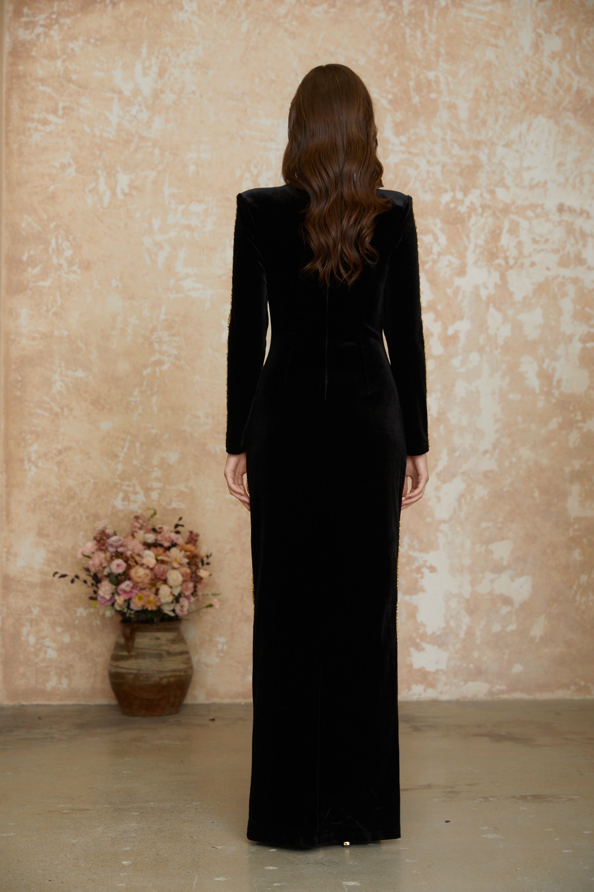 Anna Black Crystal Embellished Front Slit Maxi Dress