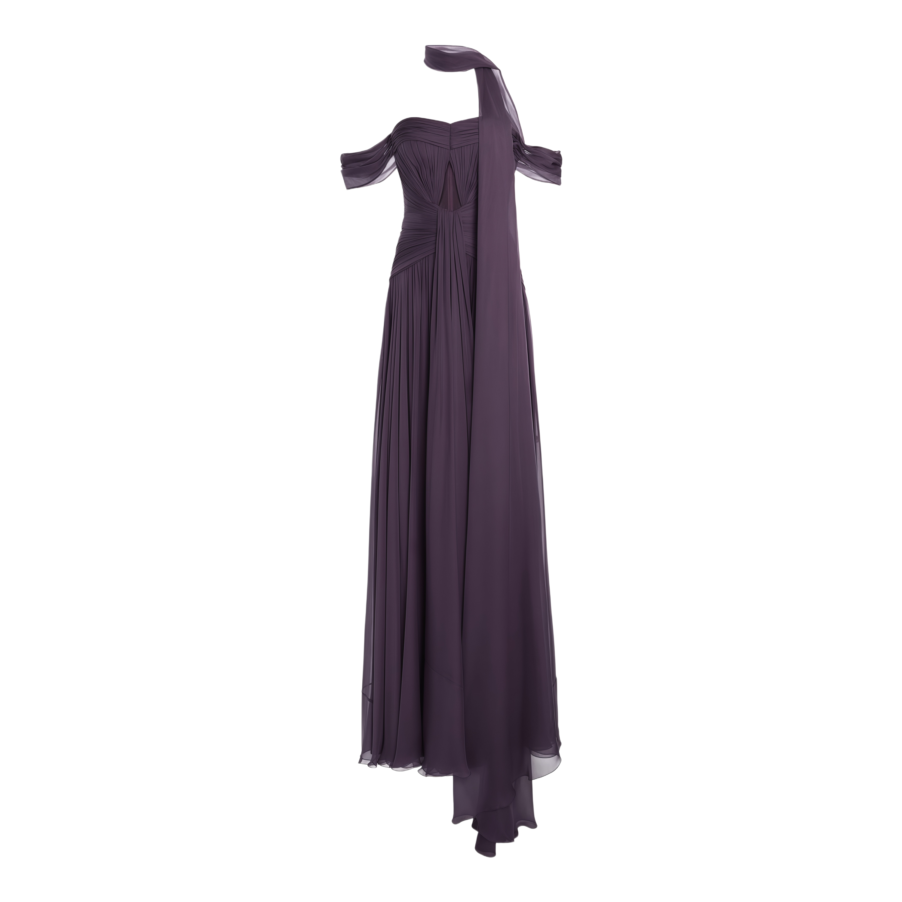 Robe longue Annabelle violette à épaules dénudées, froncée et avec un nœud sur le devant