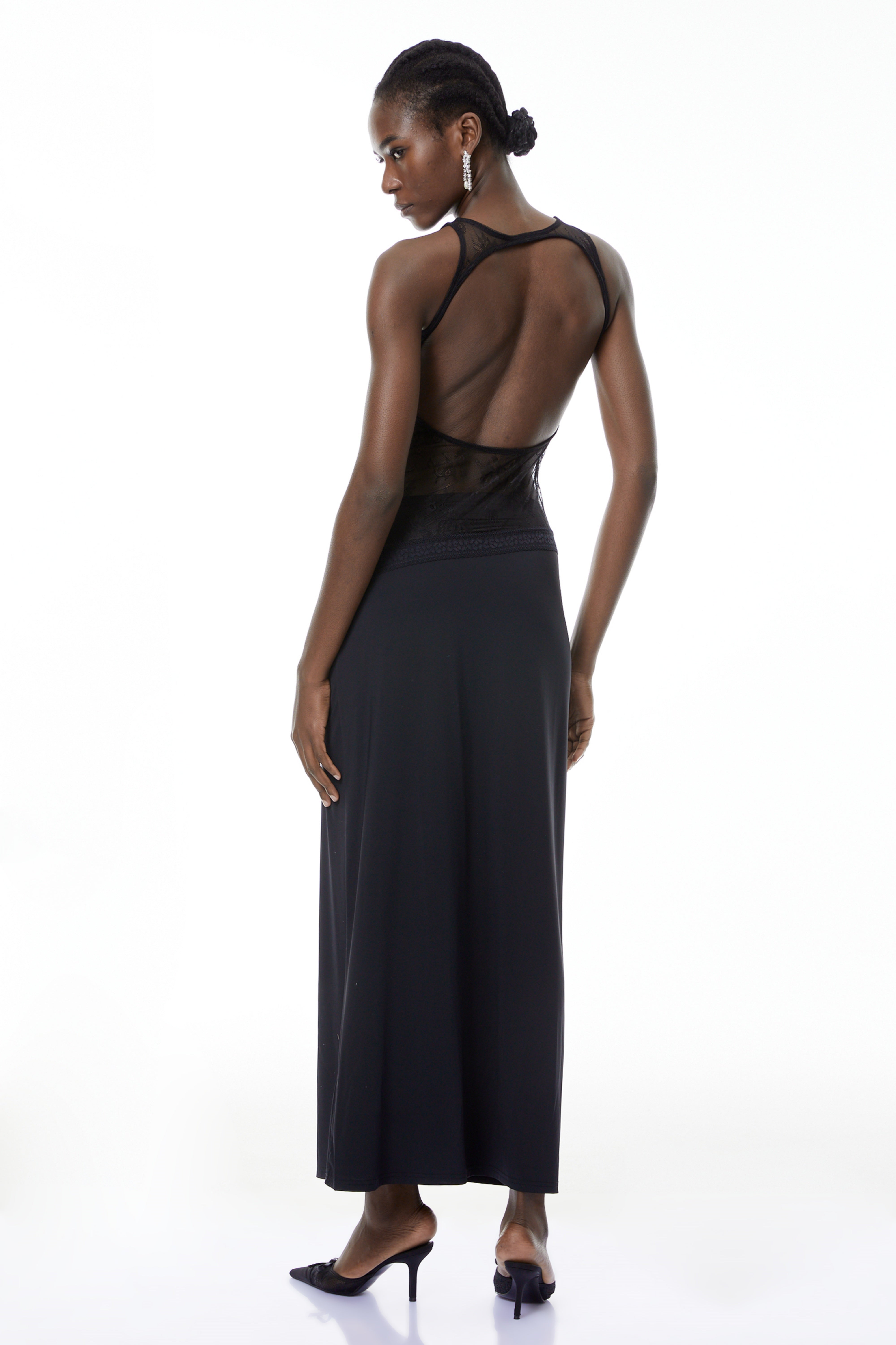 Annemarie Black Lace Panel Stretch Maxi Dress