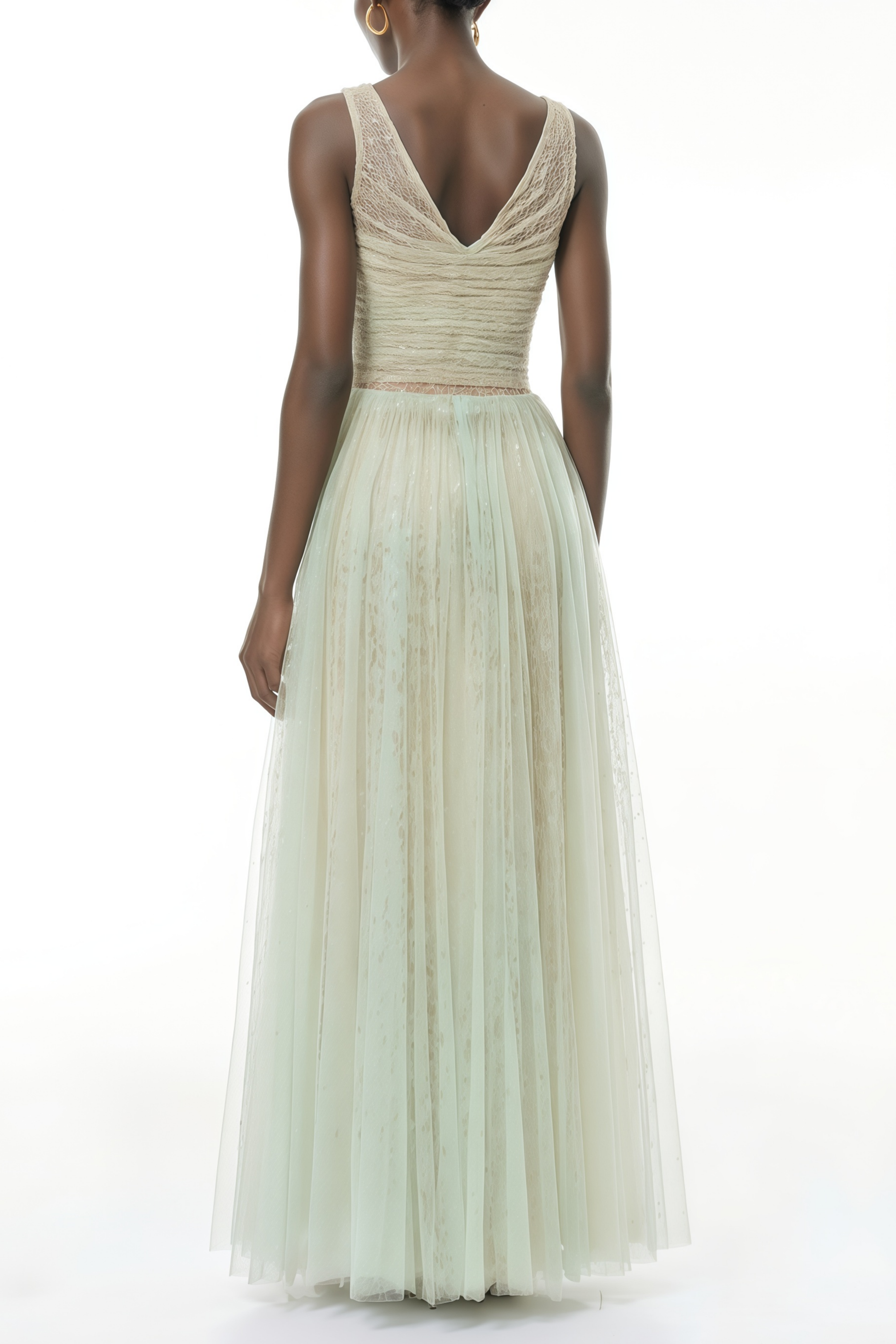 Annika Grünes Maxikleid aus Pailletten-Tüll mit Spitzenbesatz