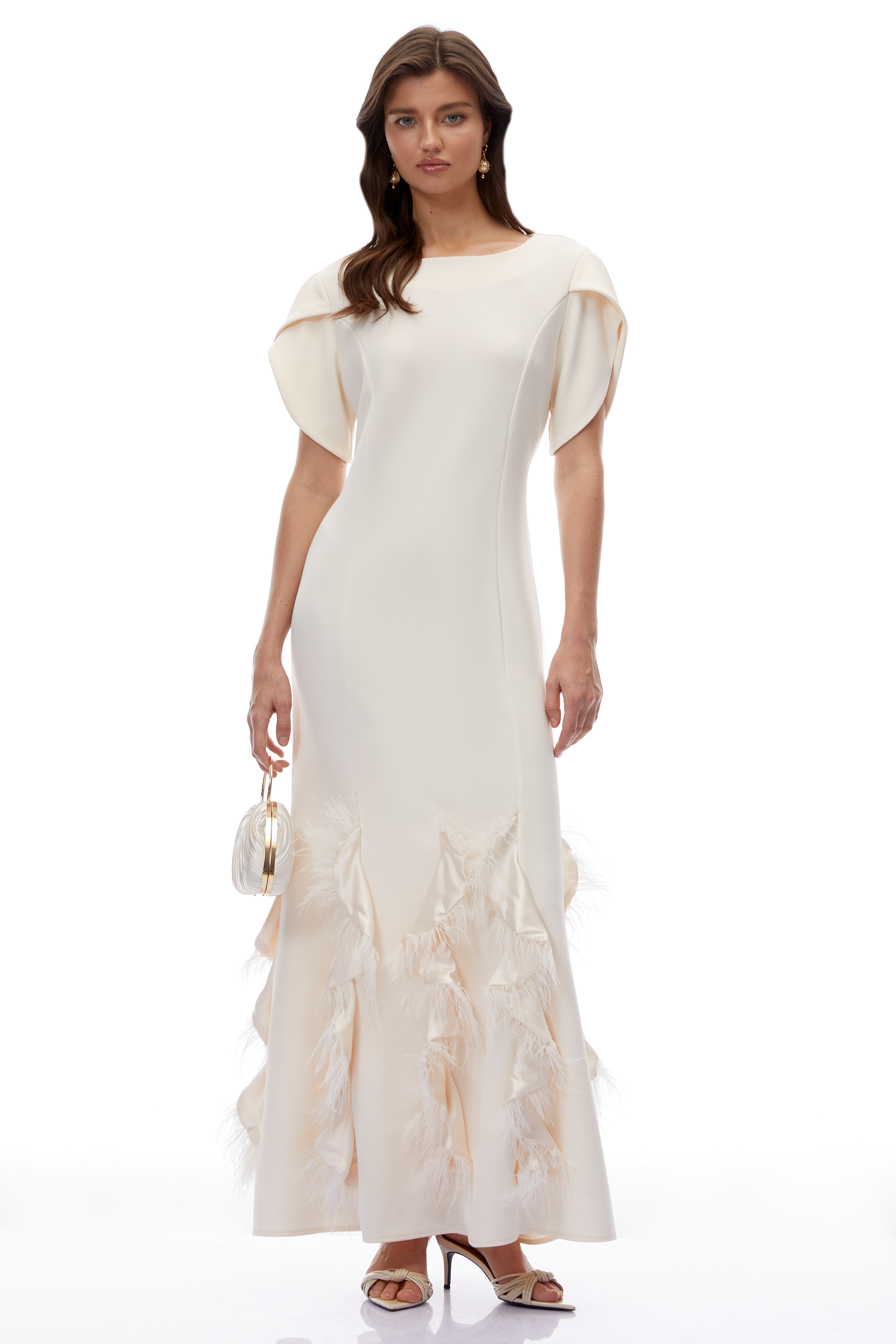 Annika White Ruffled Maxi Dress with Feather Trim