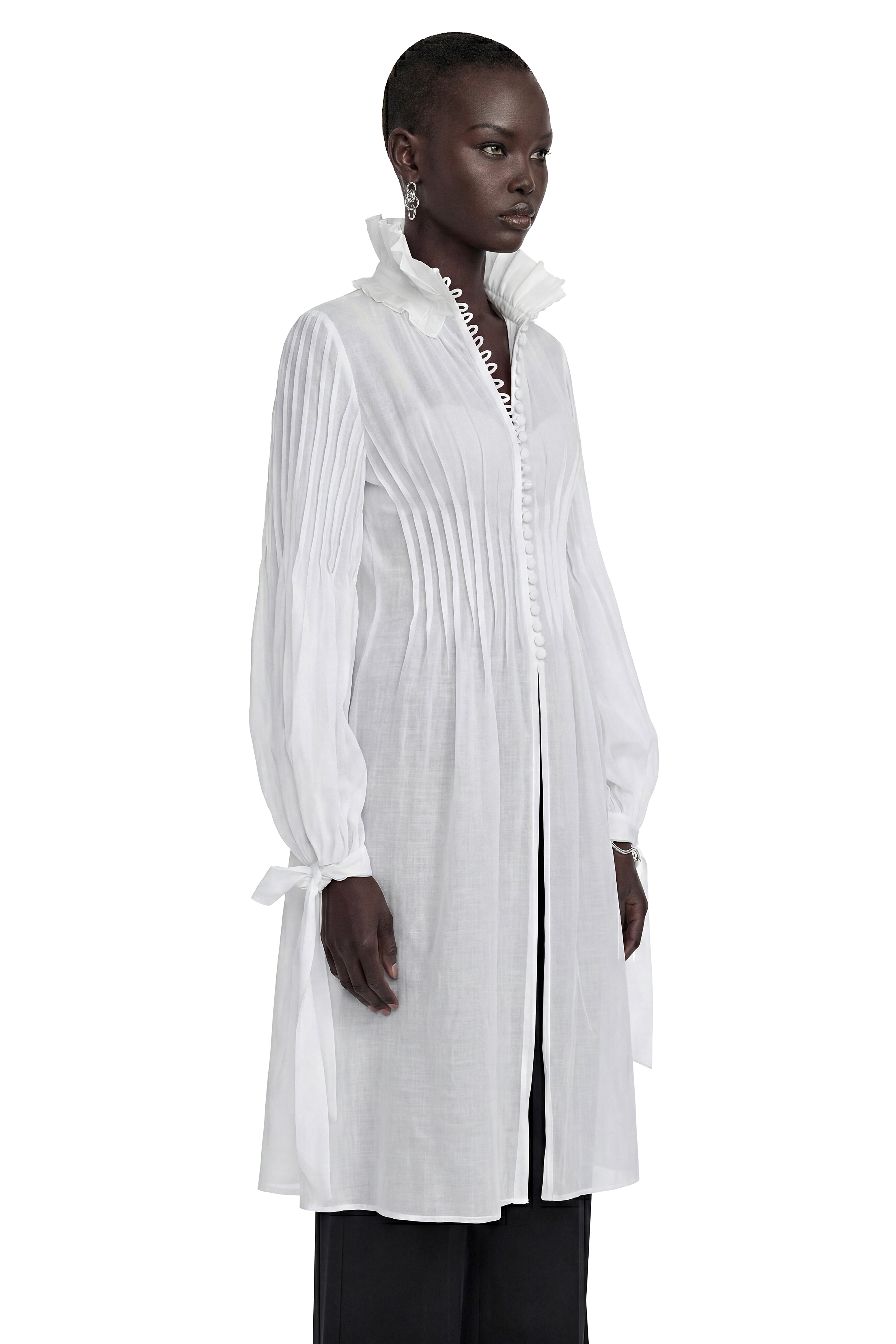 Antonella White Puff Sleeve Midi Dress with Ruffled Neckline