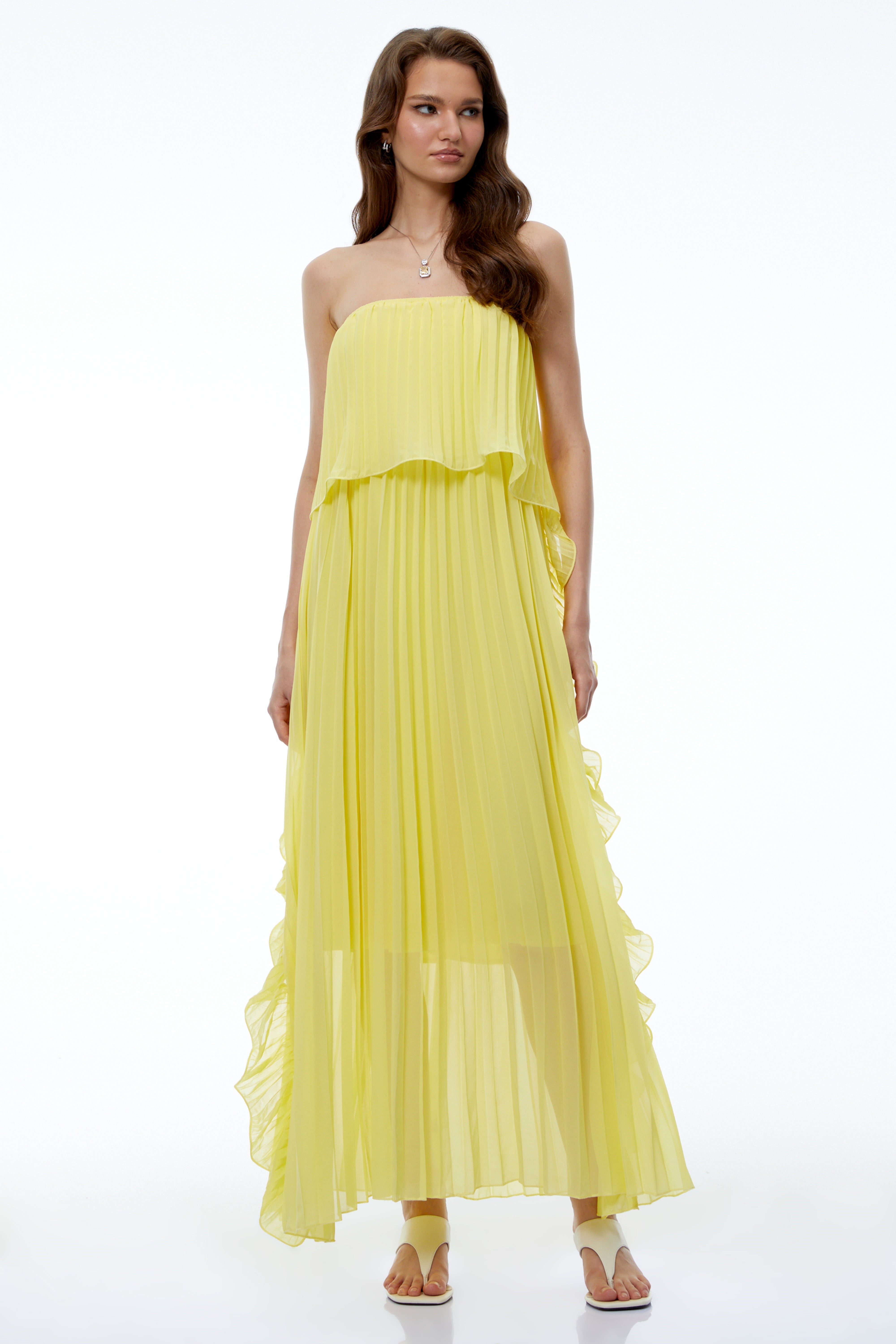 Robe longue plissée à volants et épaules dénudées, couleur jaune Aoi