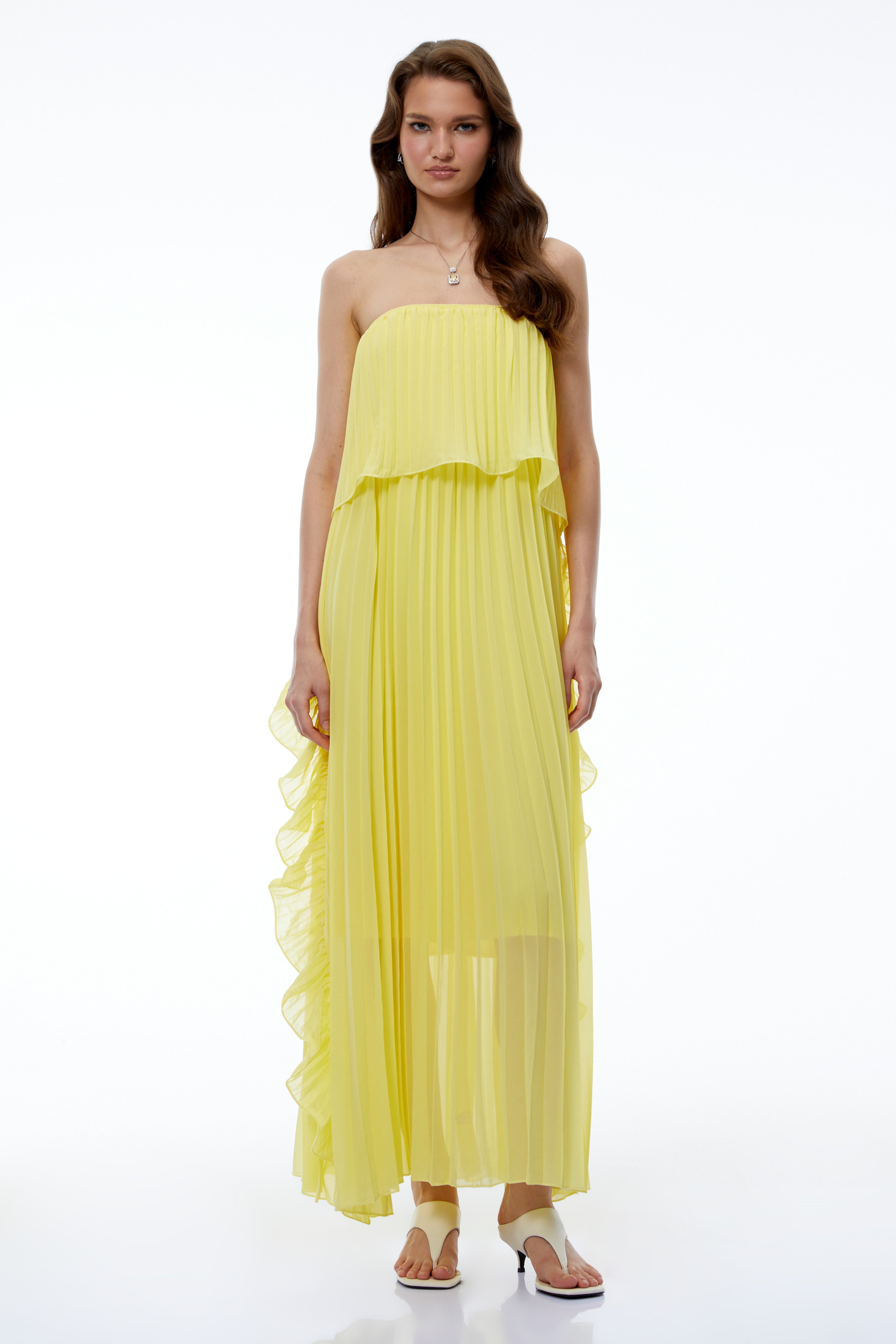 Robe longue plissée à volants et épaules dénudées, couleur jaune Aoi