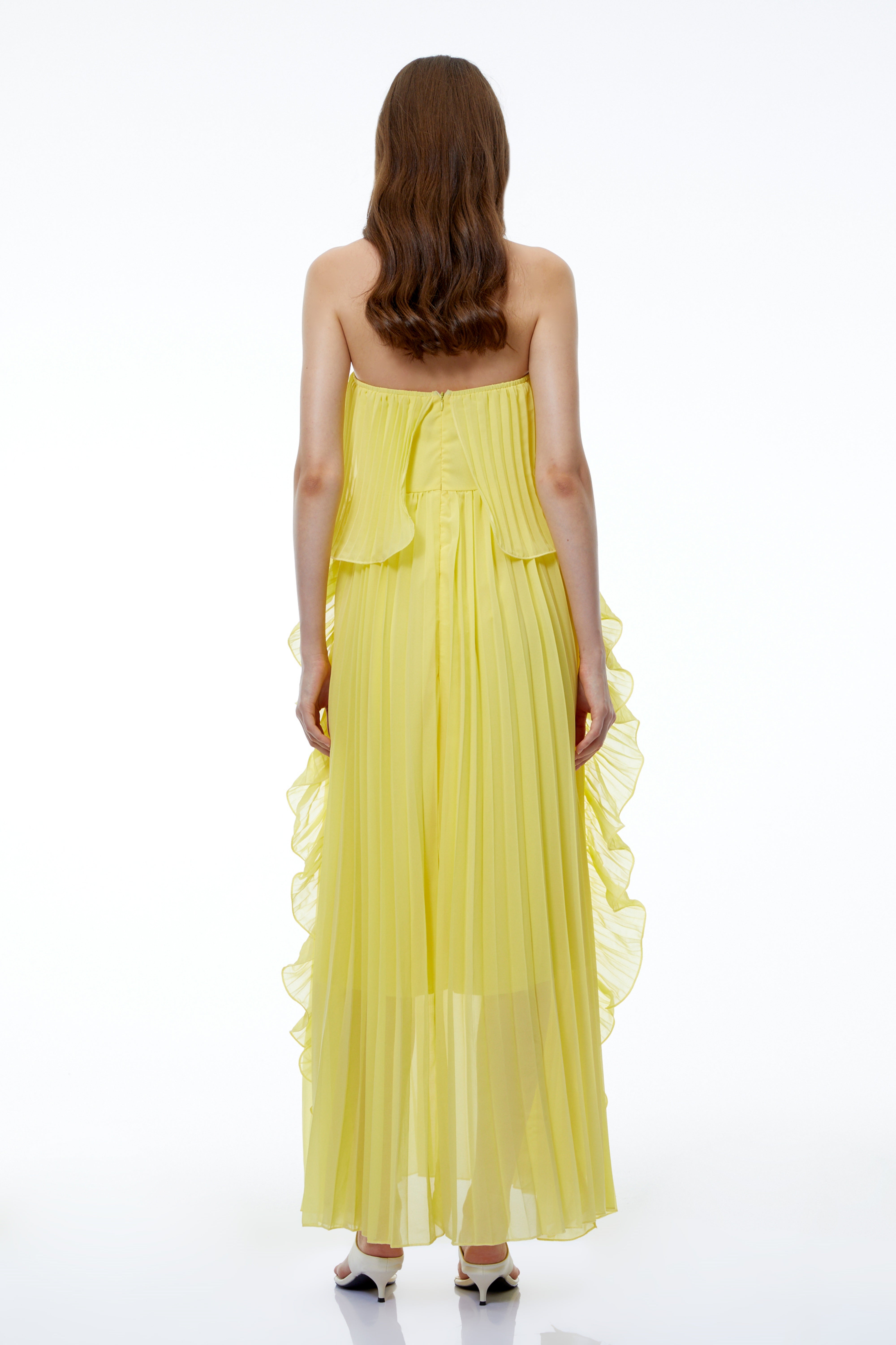 Robe longue plissée à volants et épaules dénudées, couleur jaune Aoi