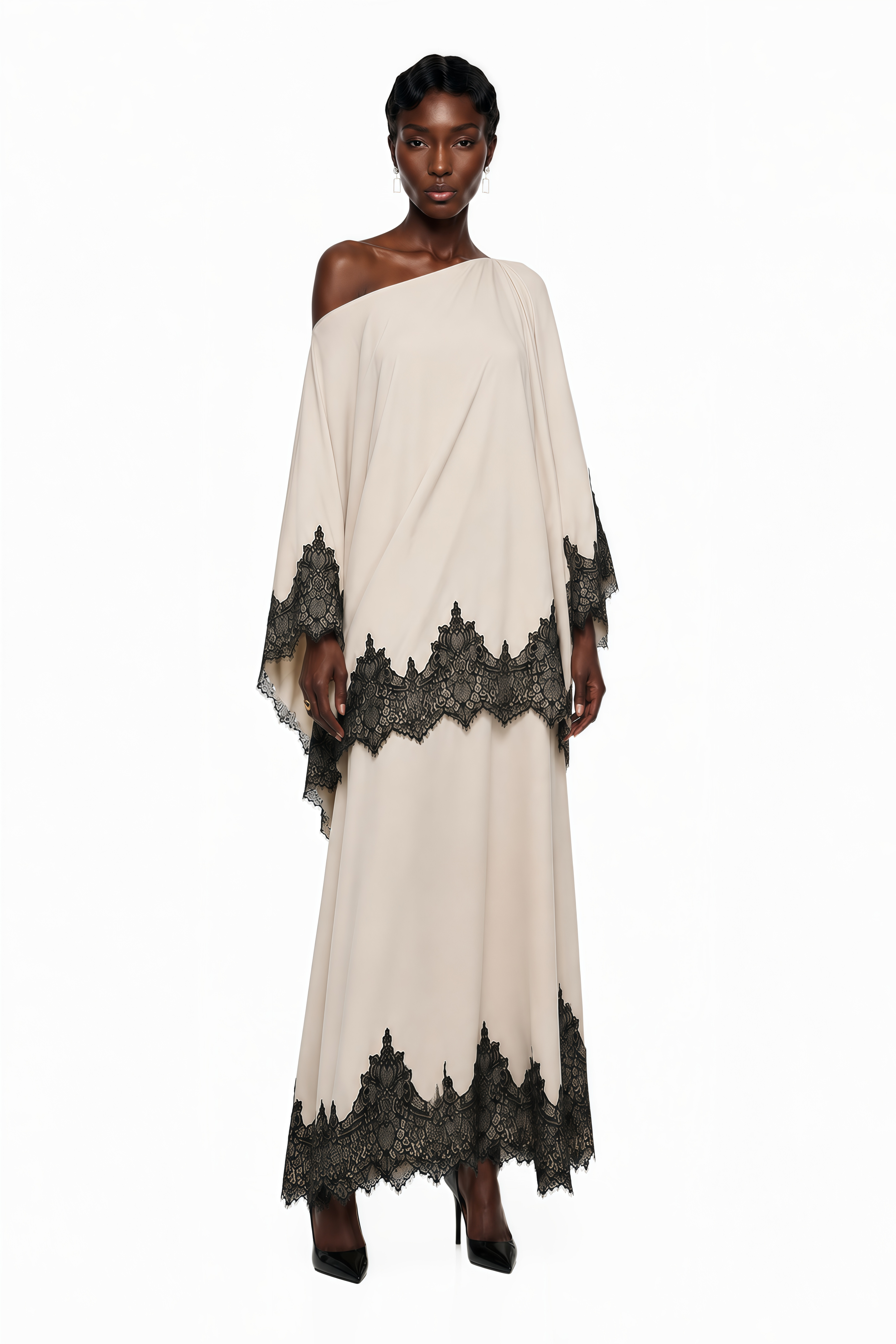 Aoraki Cream One Shoulder Top & Skirt Set with Lace Trim