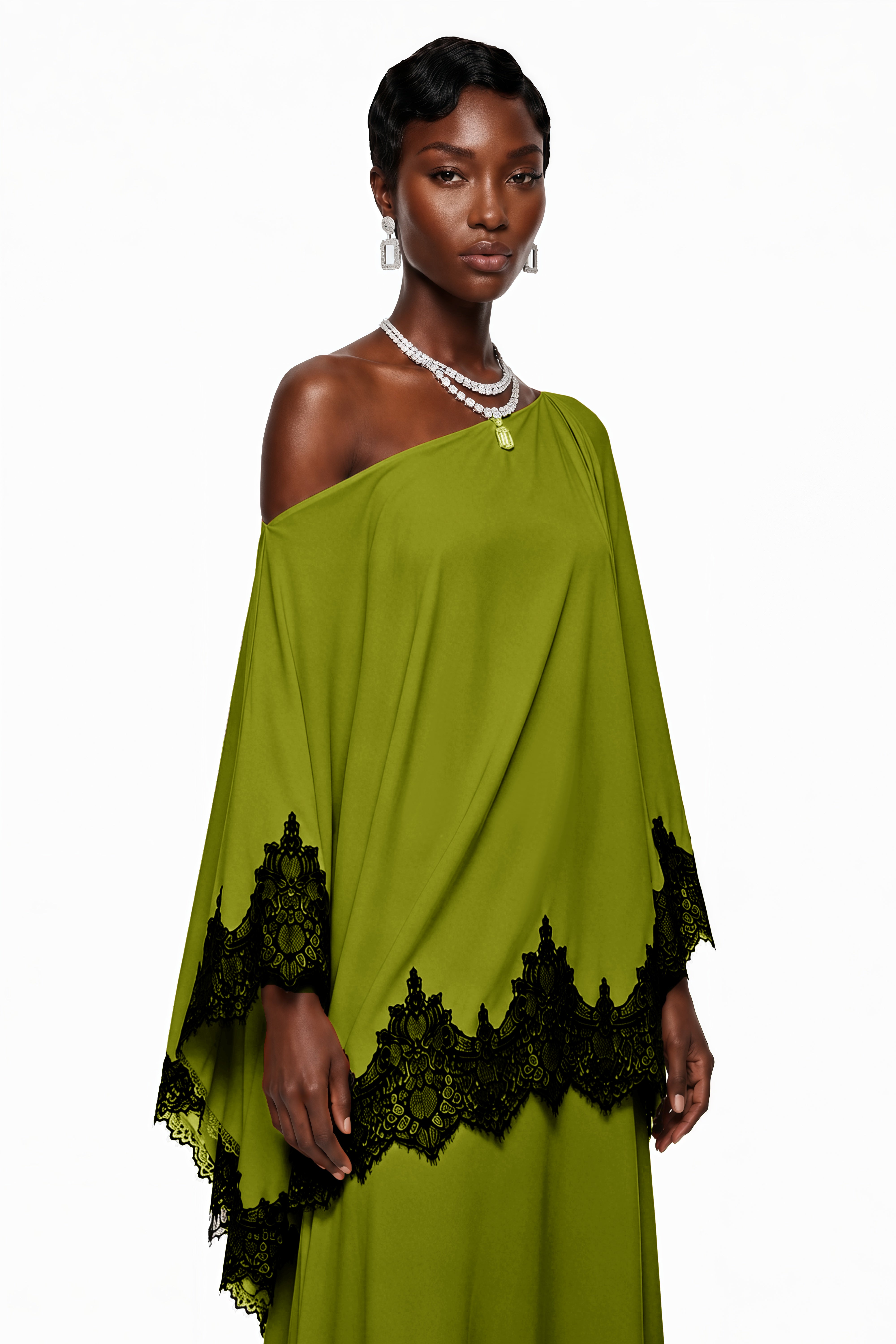 Aoraki Green One Shoulder Top & Skirt Set with Lace Trim