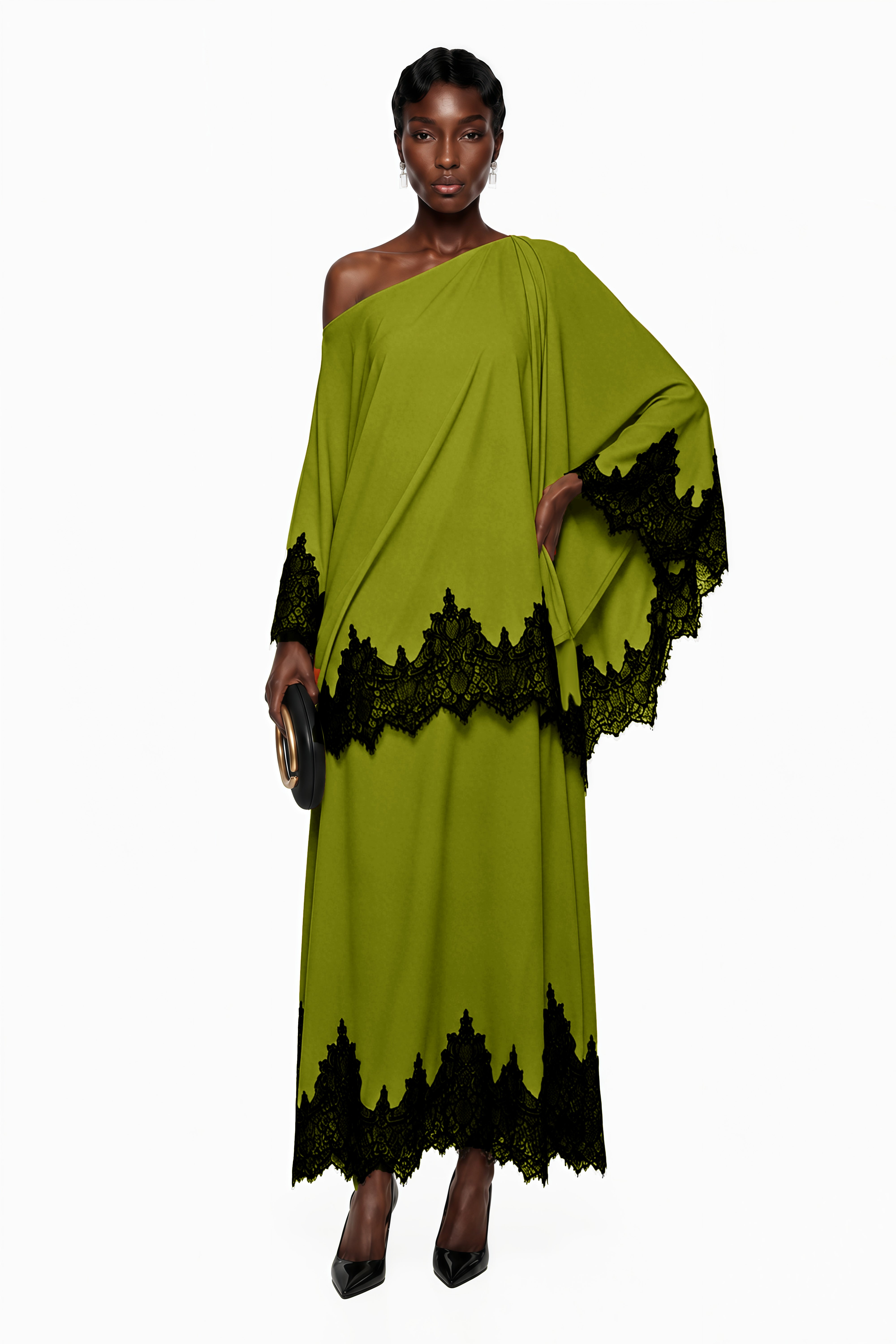 Aoraki Green One Shoulder Top & Skirt Set with Lace Trim