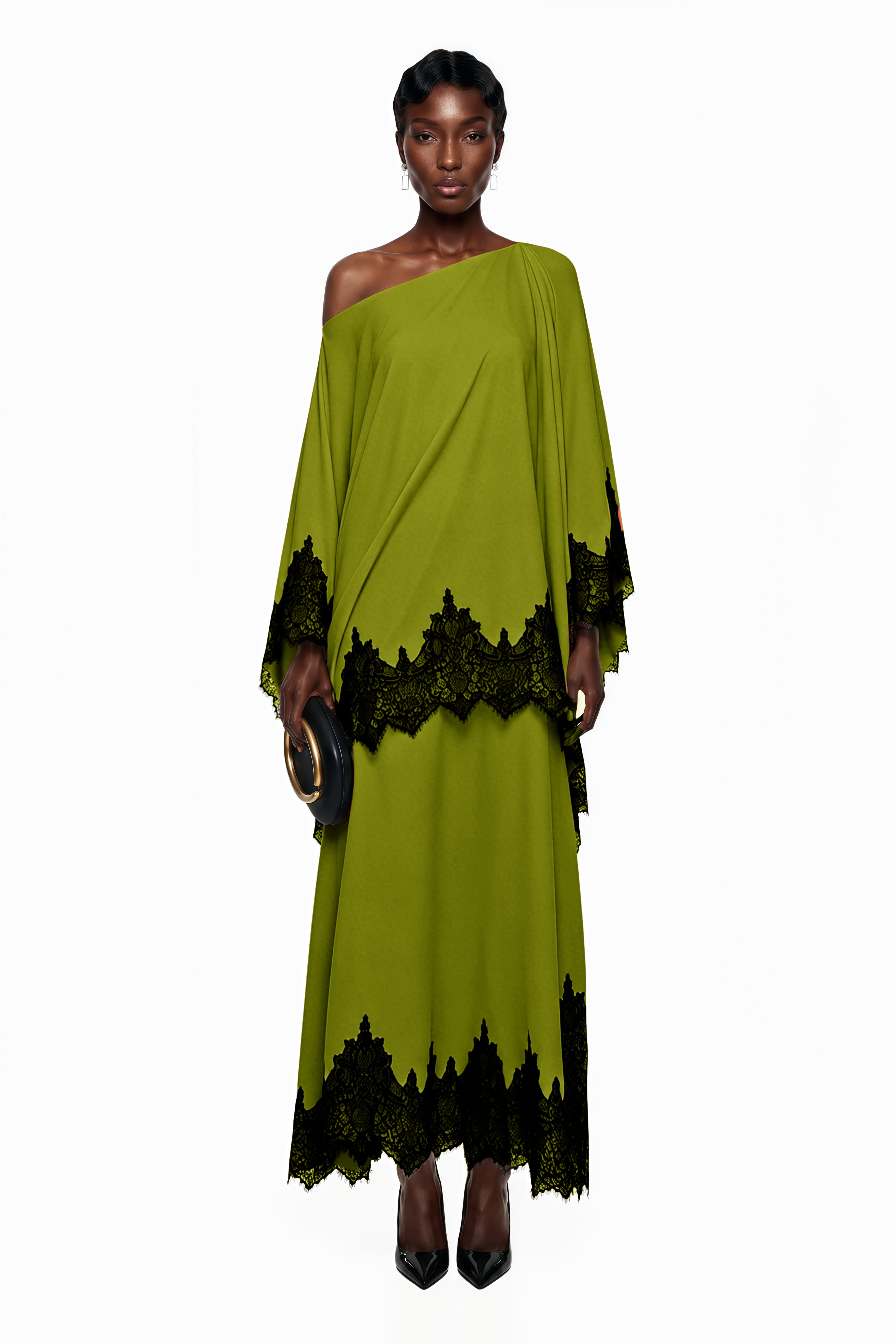 Aoraki Green One Shoulder Top & Skirt Set with Lace Trim