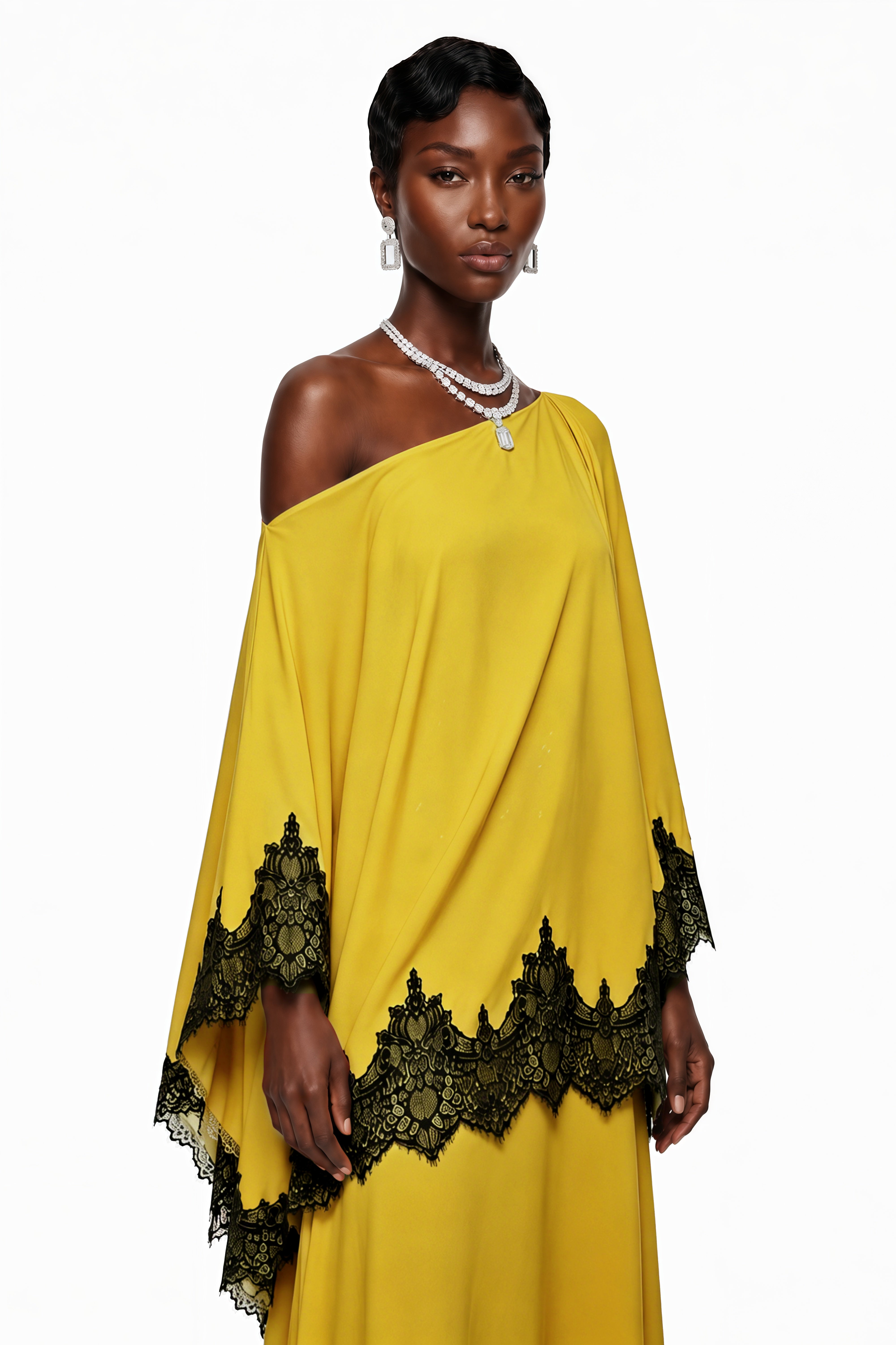 Robe longue jaune à épaules dénudées, ornée de dentelle noire