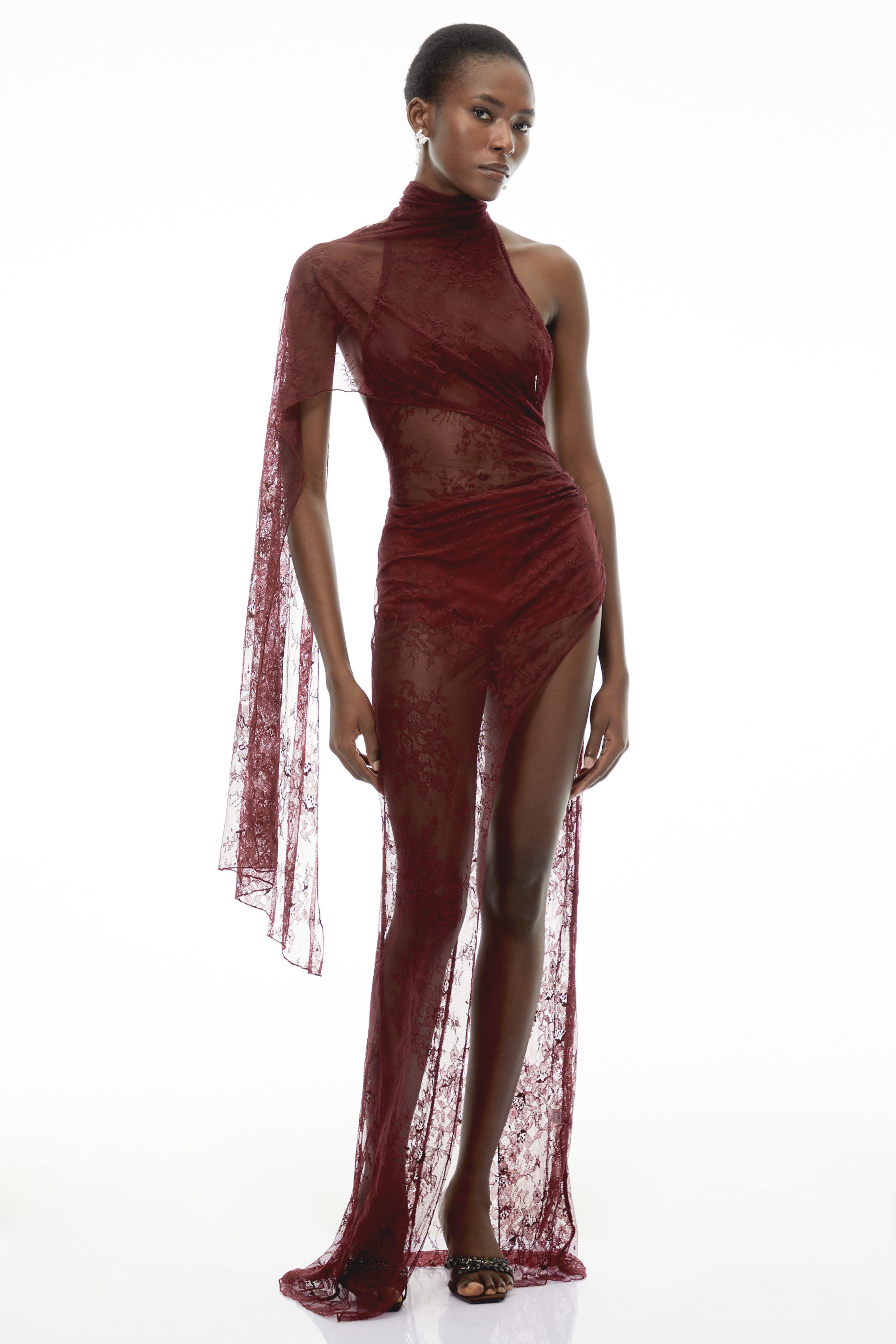 Arabella Burgundy High Neck Lace Maxi Dress