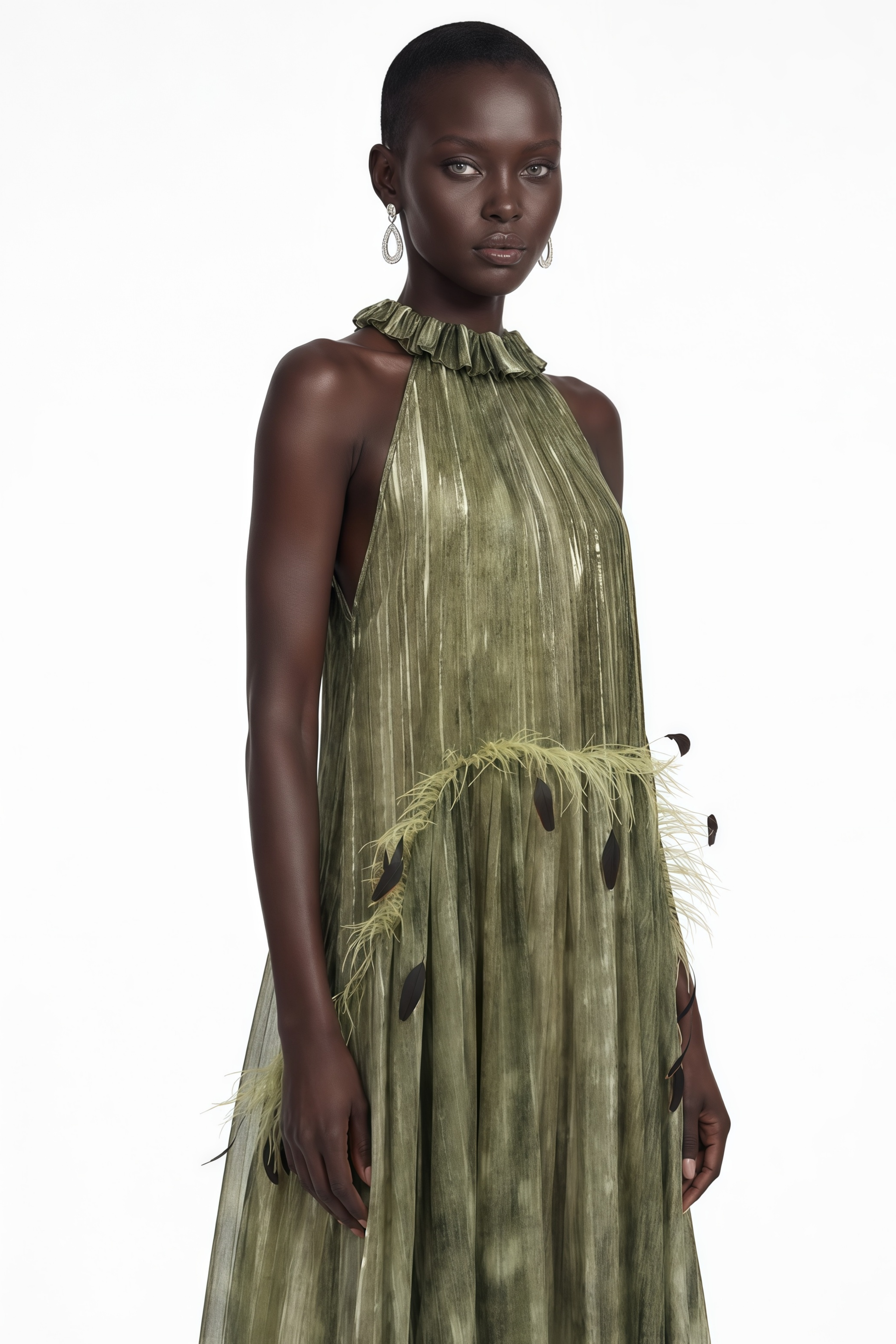 Areta Green Pleated Maxi Dress with Feather Trim