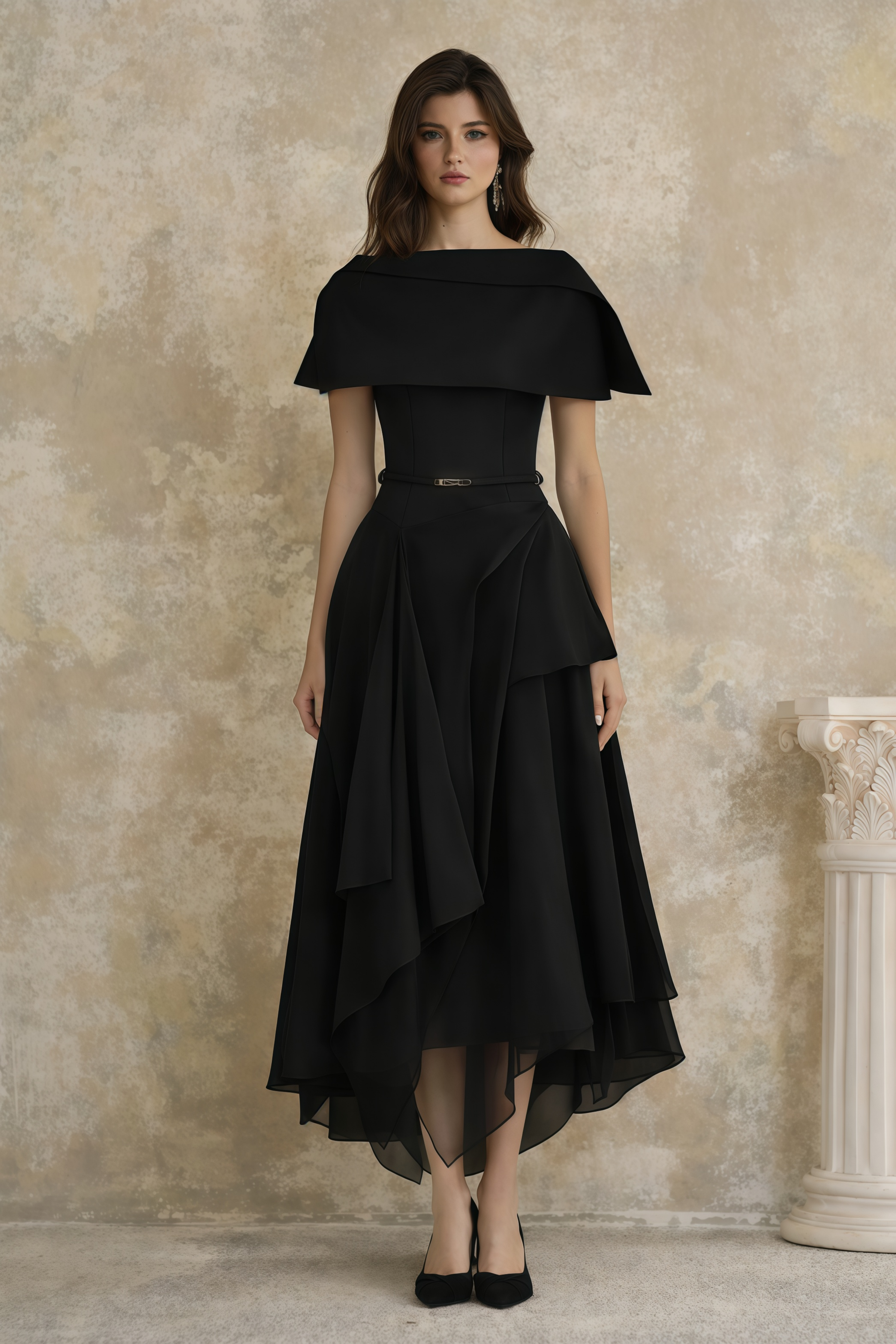 Aria Black Asymmetrical Shawl & Tulle Panel Dress Set