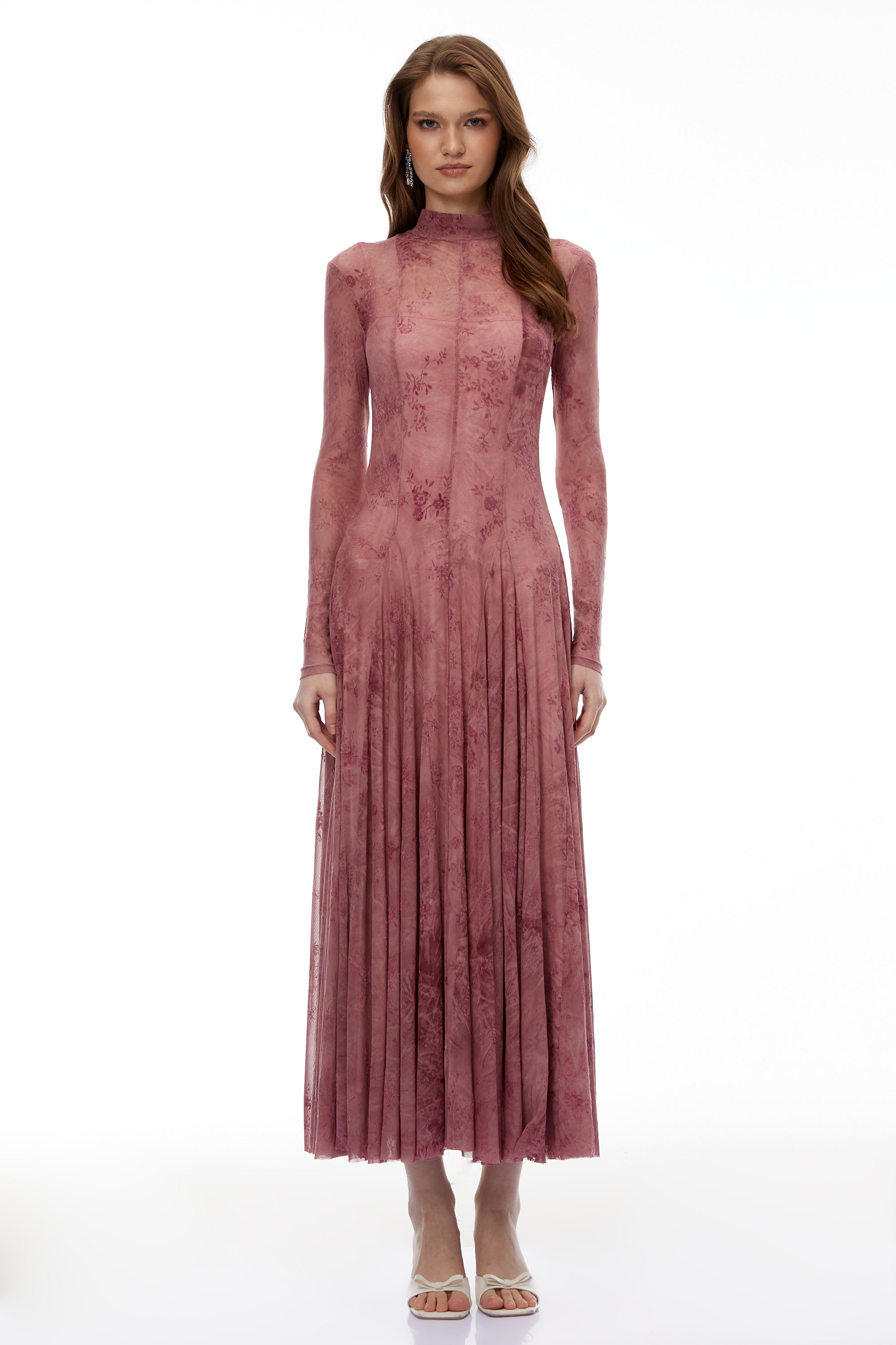 Maxikleid aus Tüll mit Blumenmuster in Altrosa