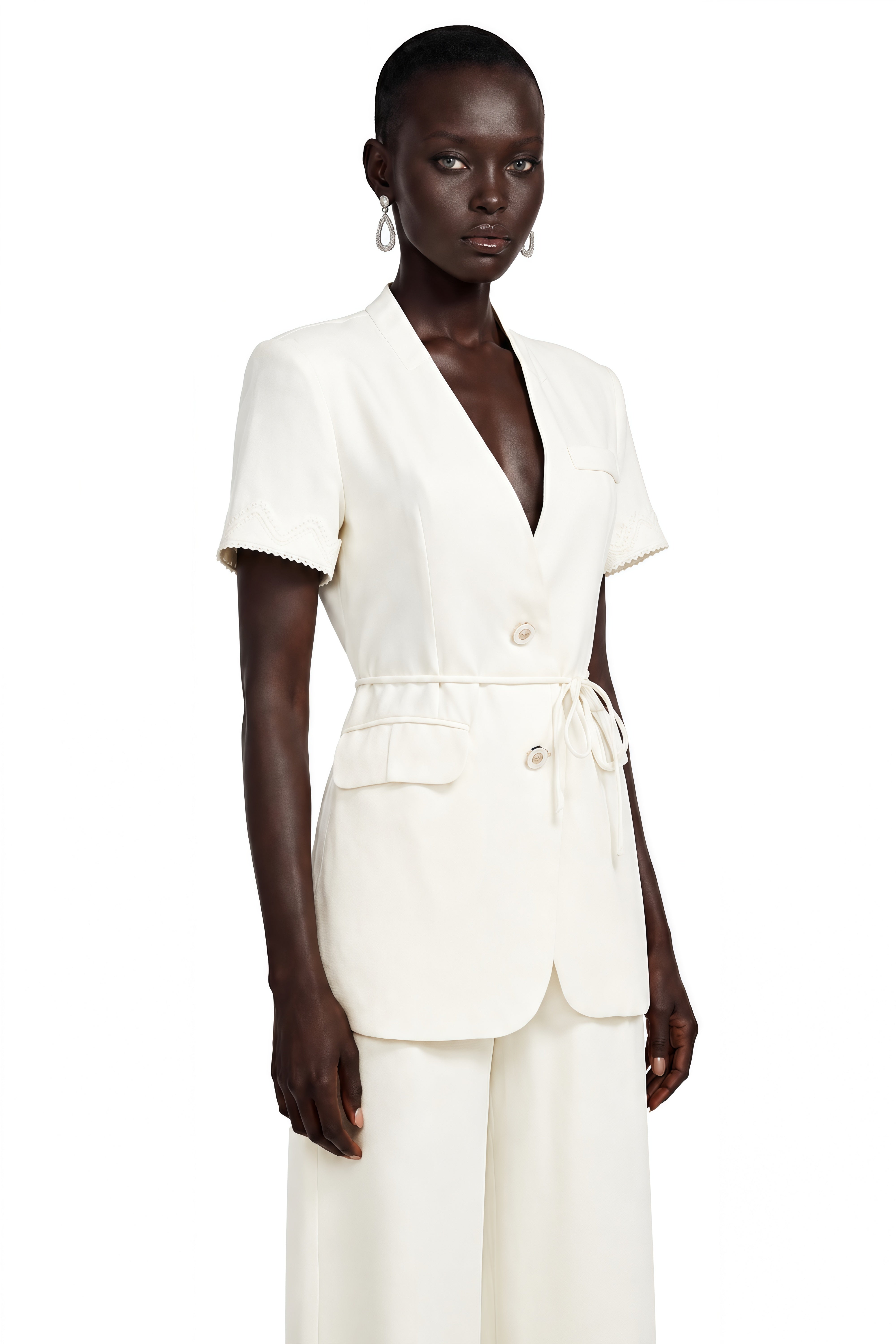 Arlene Cream Plunge Neck Blouse & Trousers Set