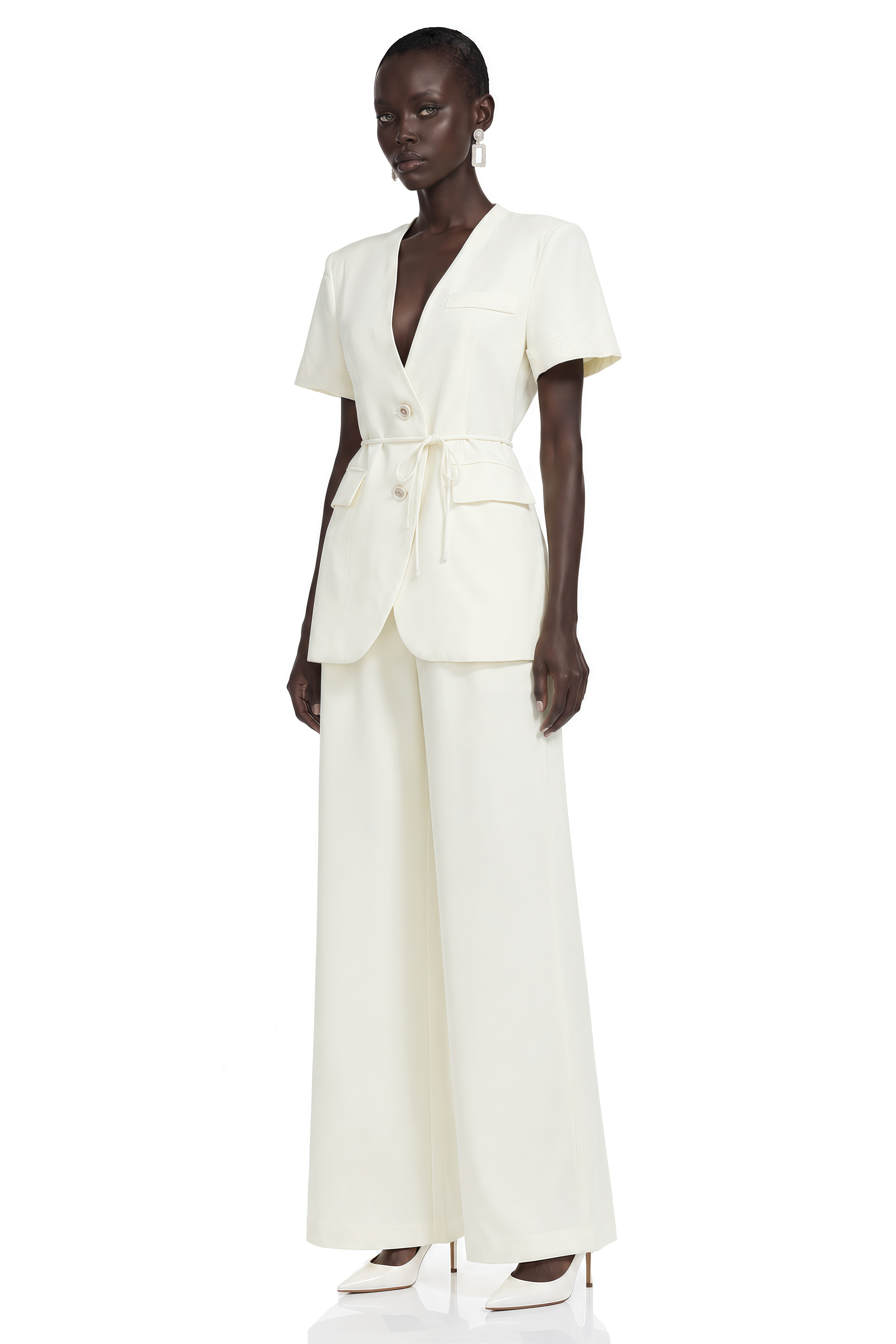 Arlene Cream Plunge Neck Blouse & Trousers Set
