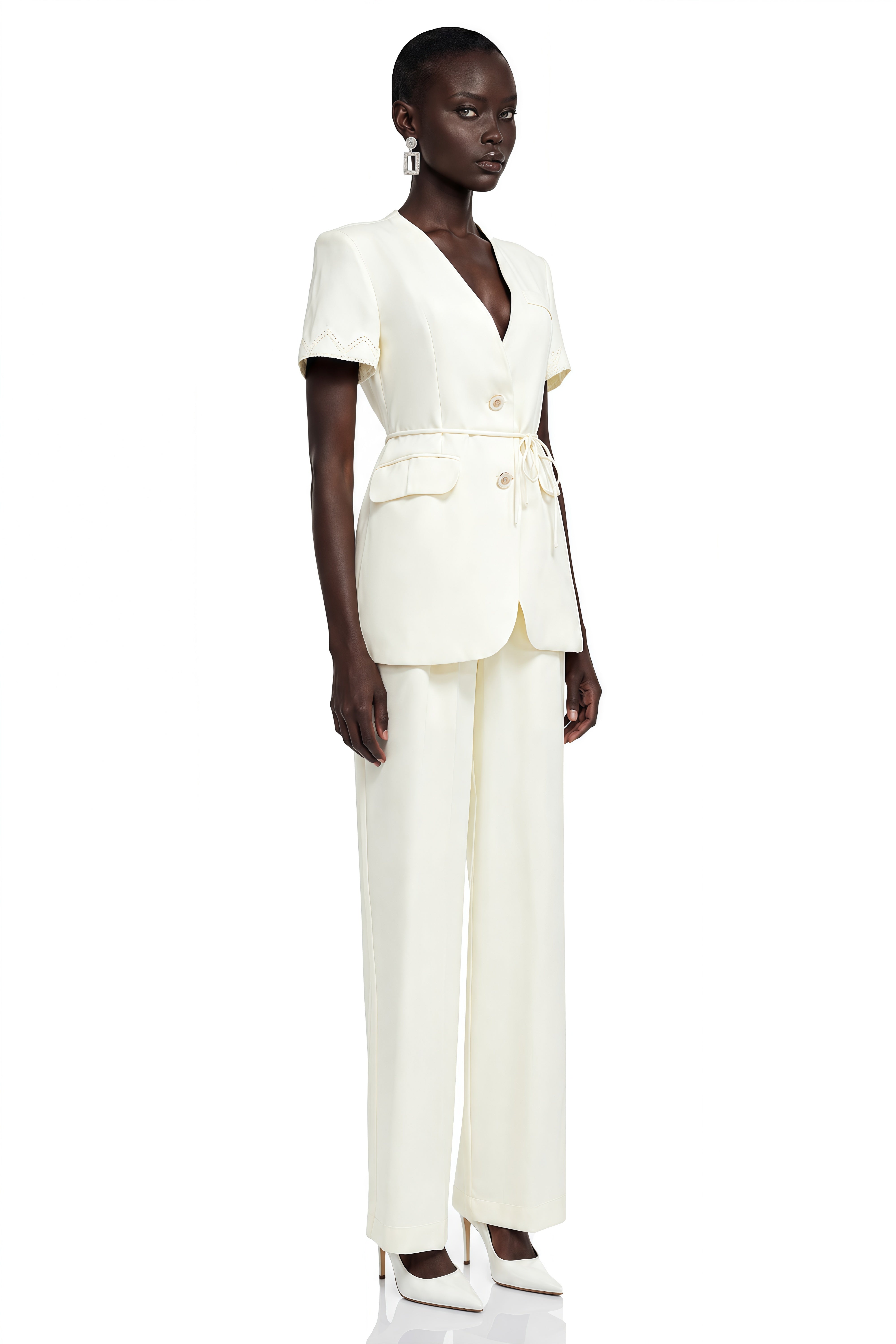 Arlene Cream Plunge Neck Blouse & Trousers Set